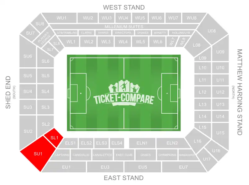 Stamford Bridge seating plan med bortasektion markerad