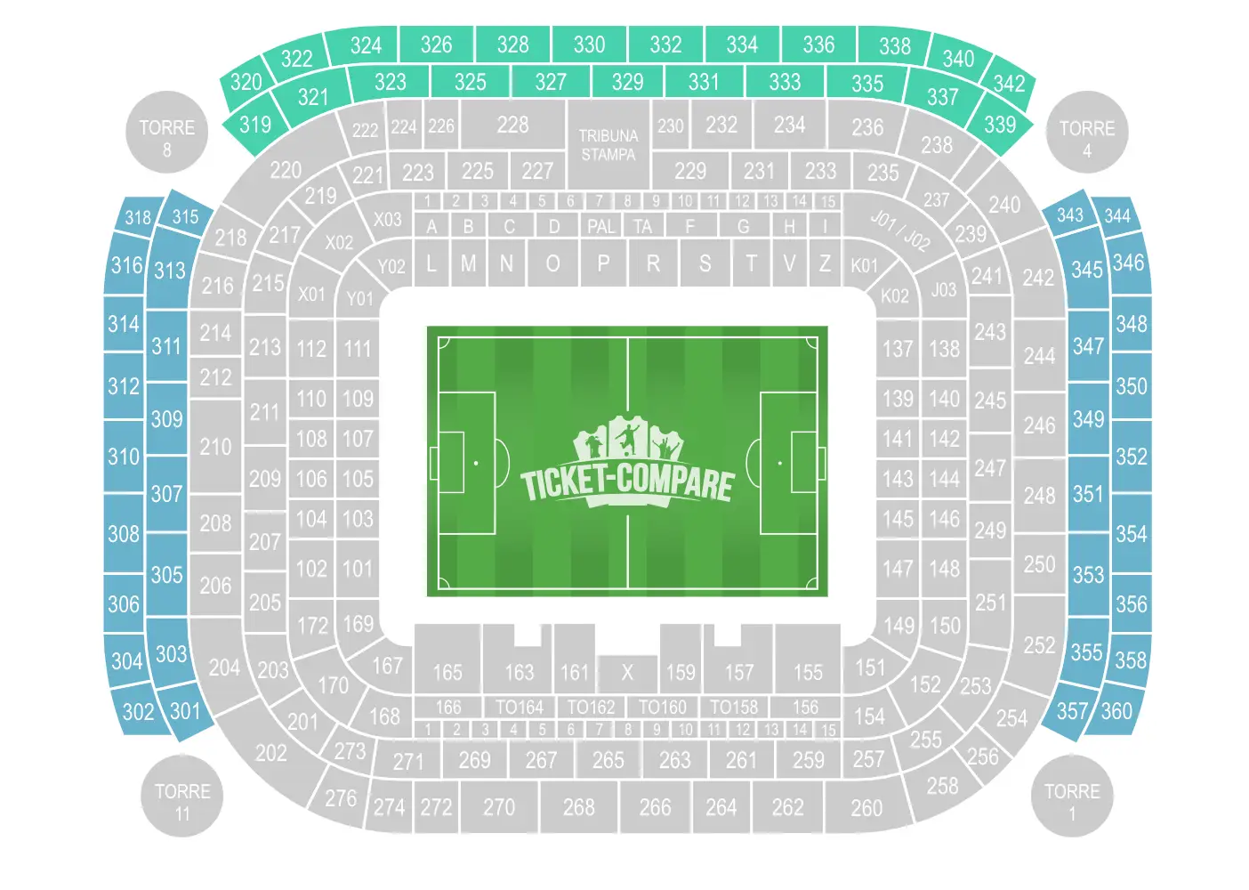 San Siro Sektioner med Terzo Anello markerad