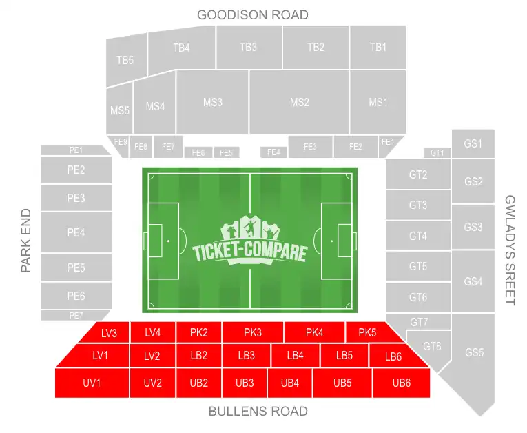 Bullens Road Stand på Goodison Park markerad