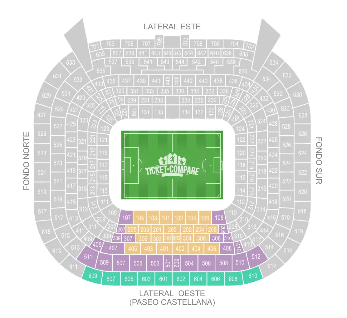 Santiago Bernabéu sittplatskarta – Lateral Oeste