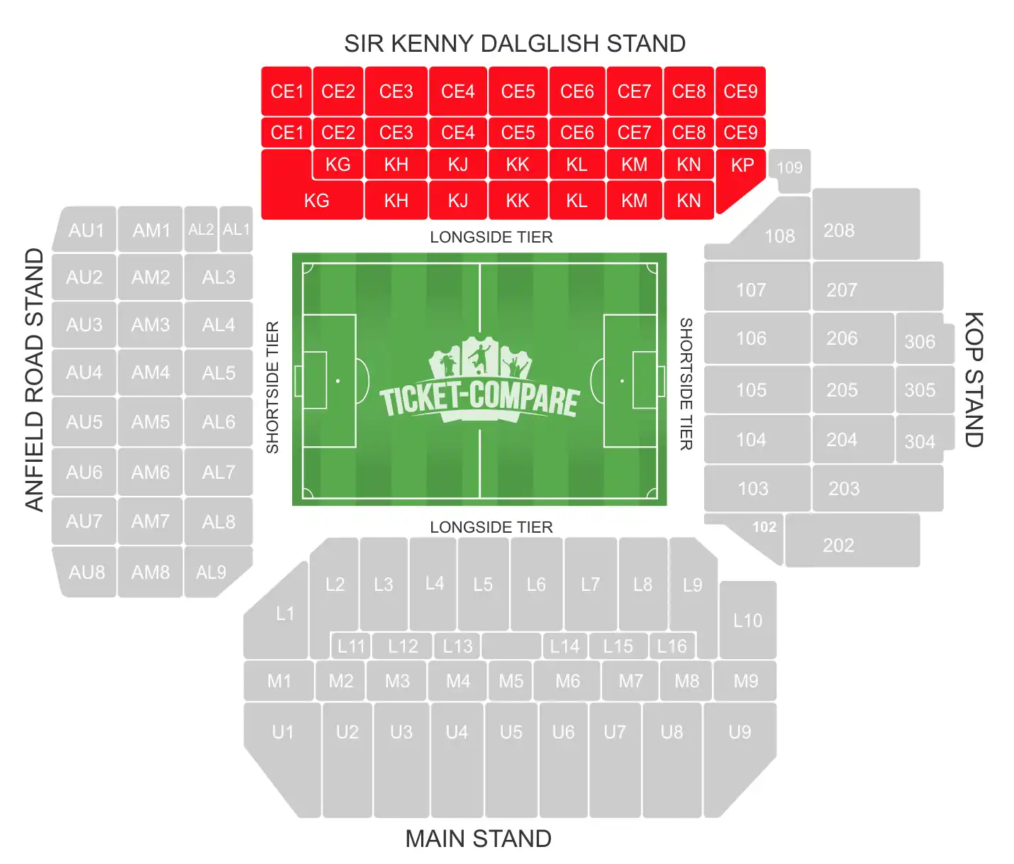 Sittplatsskarta Sir Kenny Dalglish Stand markerad