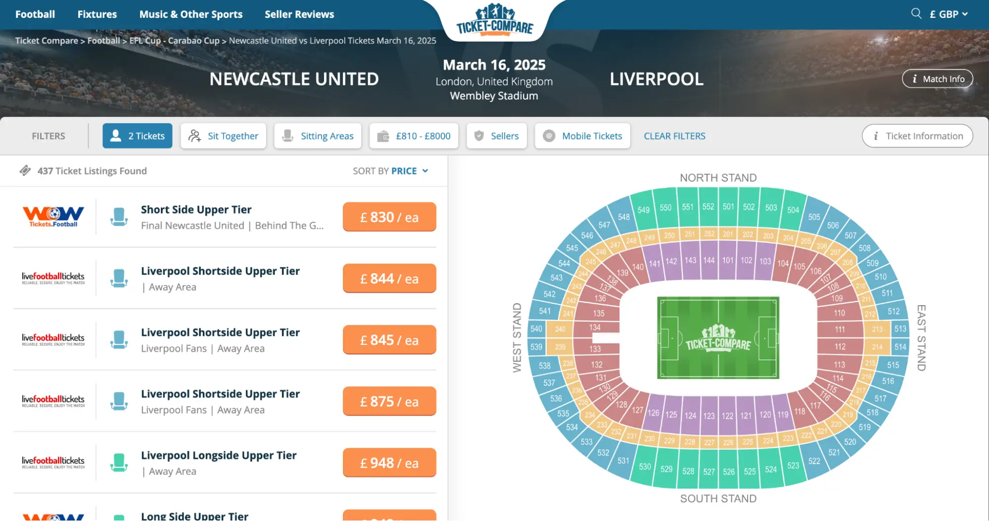 screenshot of Newcastle United vs. Liverpool tickets page