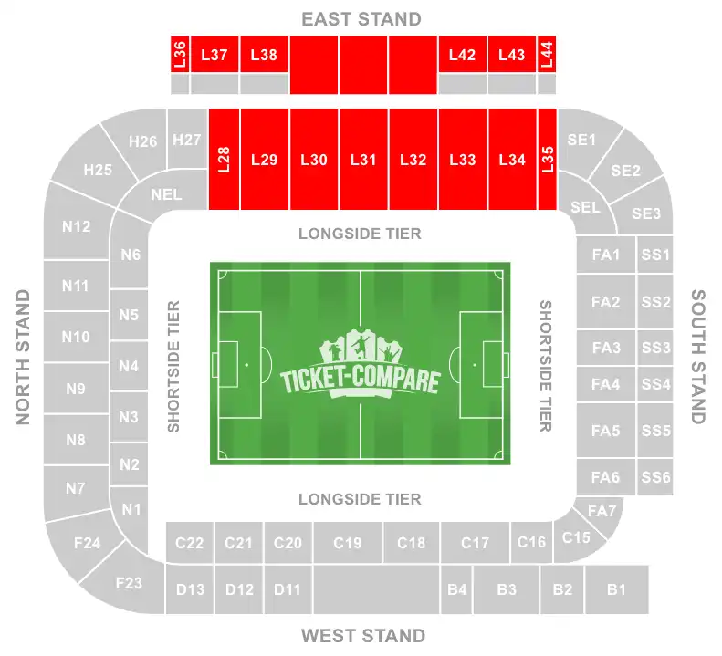 Elland Road Stadium Seating Plan with East Stand highlighted