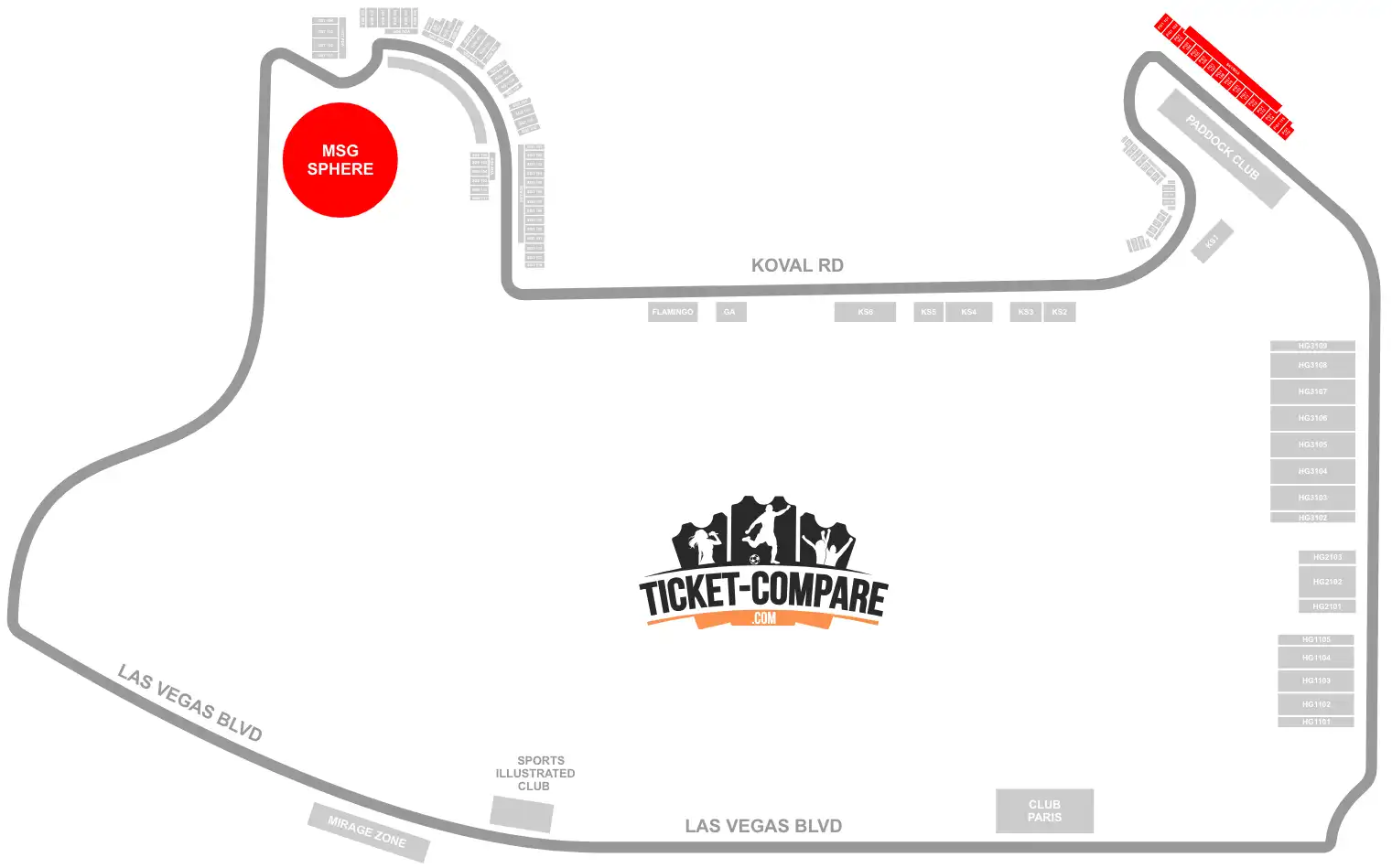Seatingplan Las Vegas Strip med huvudsittplatser markerad