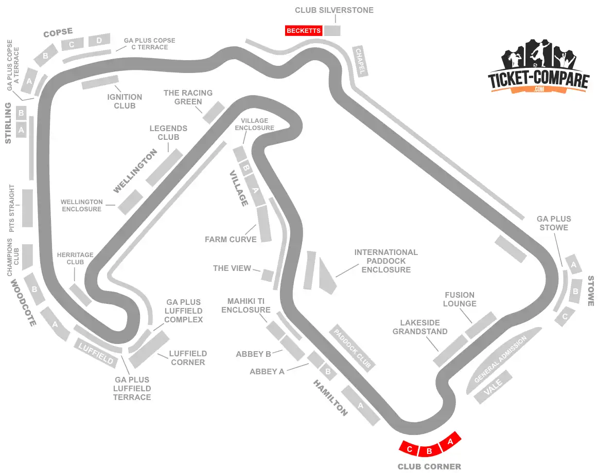 Sittplan Silverstone med Becketts & Club Corner markerad