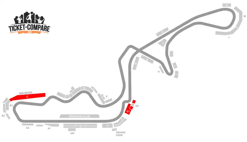 Suzuka Circuit sittplan med C och Q läktare markerade