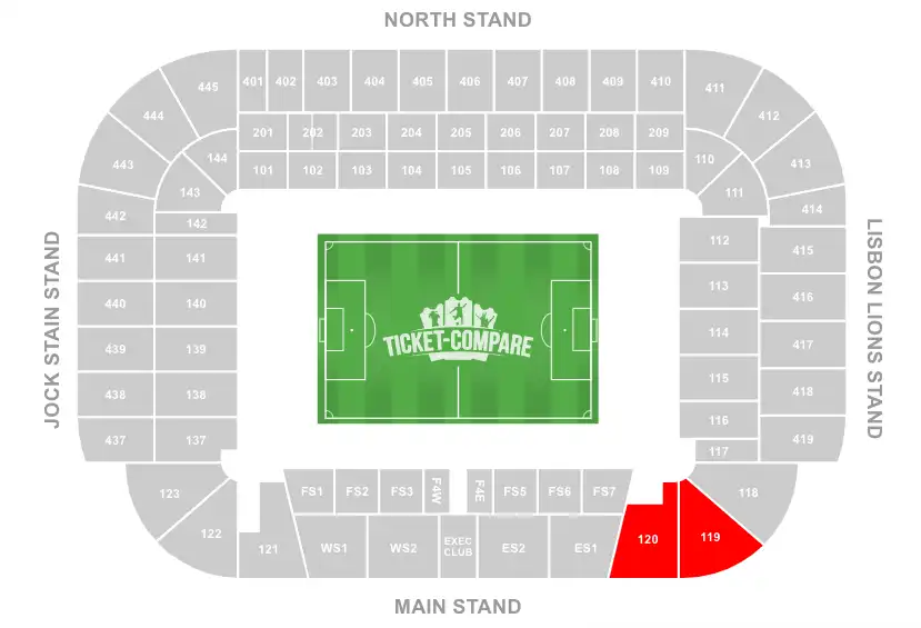 Celtic Park Stadium Seating plan with 119 and 120 Blocks highlighted