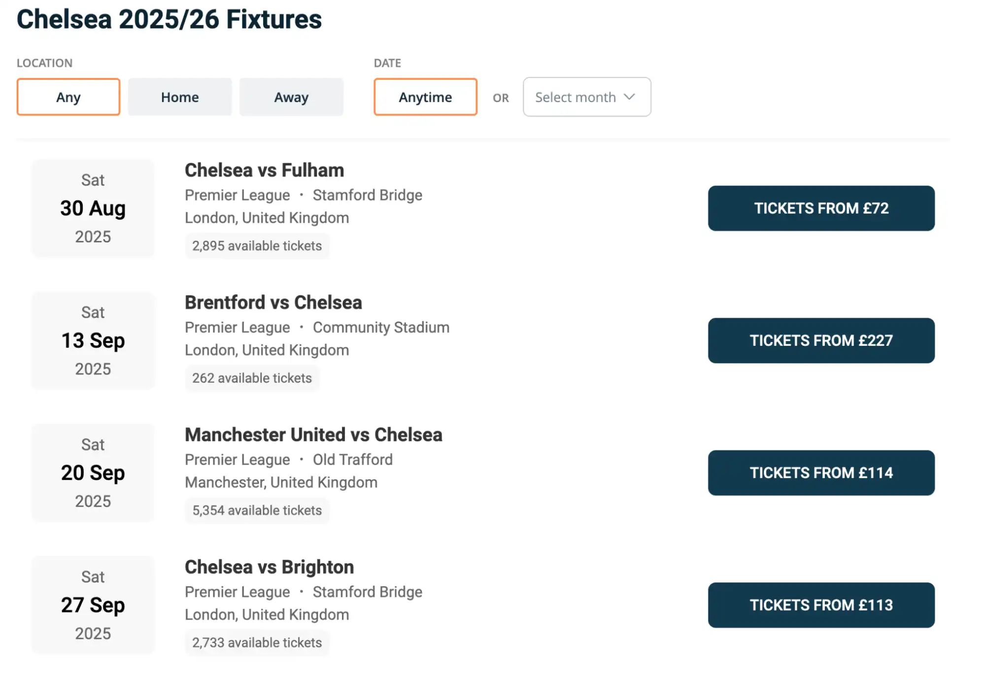 Chelsea Fixtures screenshot