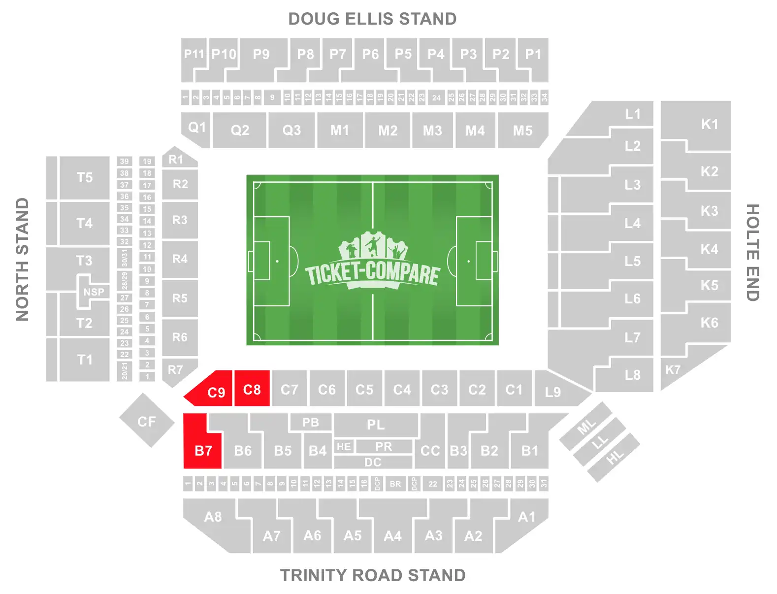 Doug Ellis Stand sittplan markerat