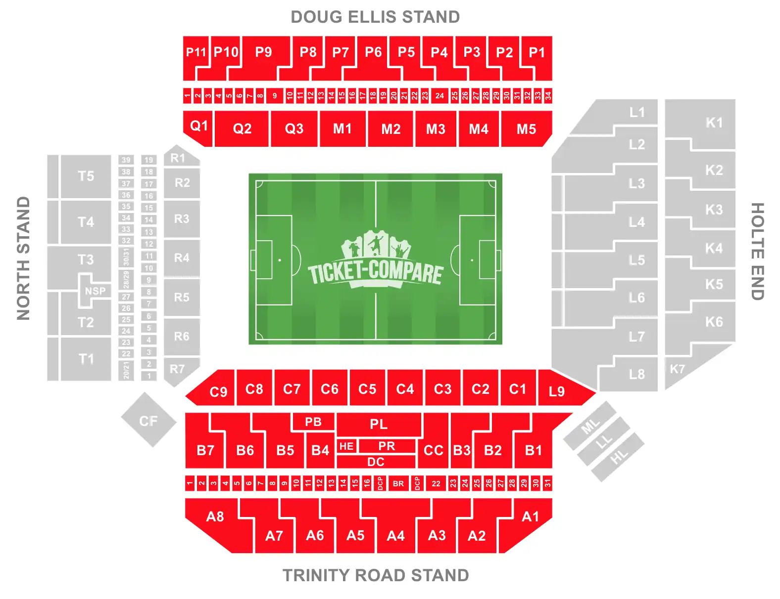 Screenshot of Villa Park Stadium Seating plan with the Dough Ellis and Trinity Road Stands highlighted