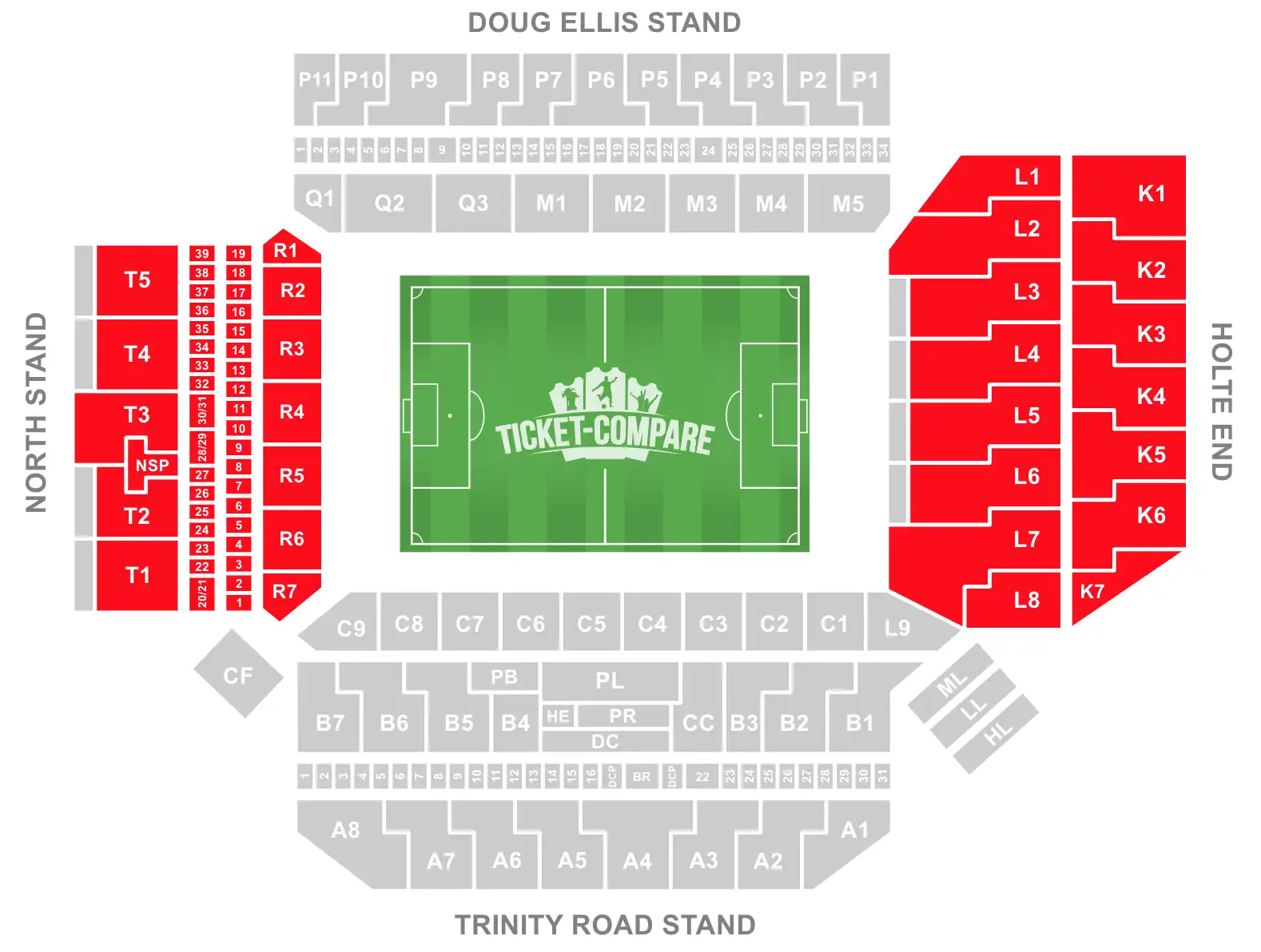 Screenshot of Villa Park Stadium Seating plan with the North Stand and Holte End highlighted
