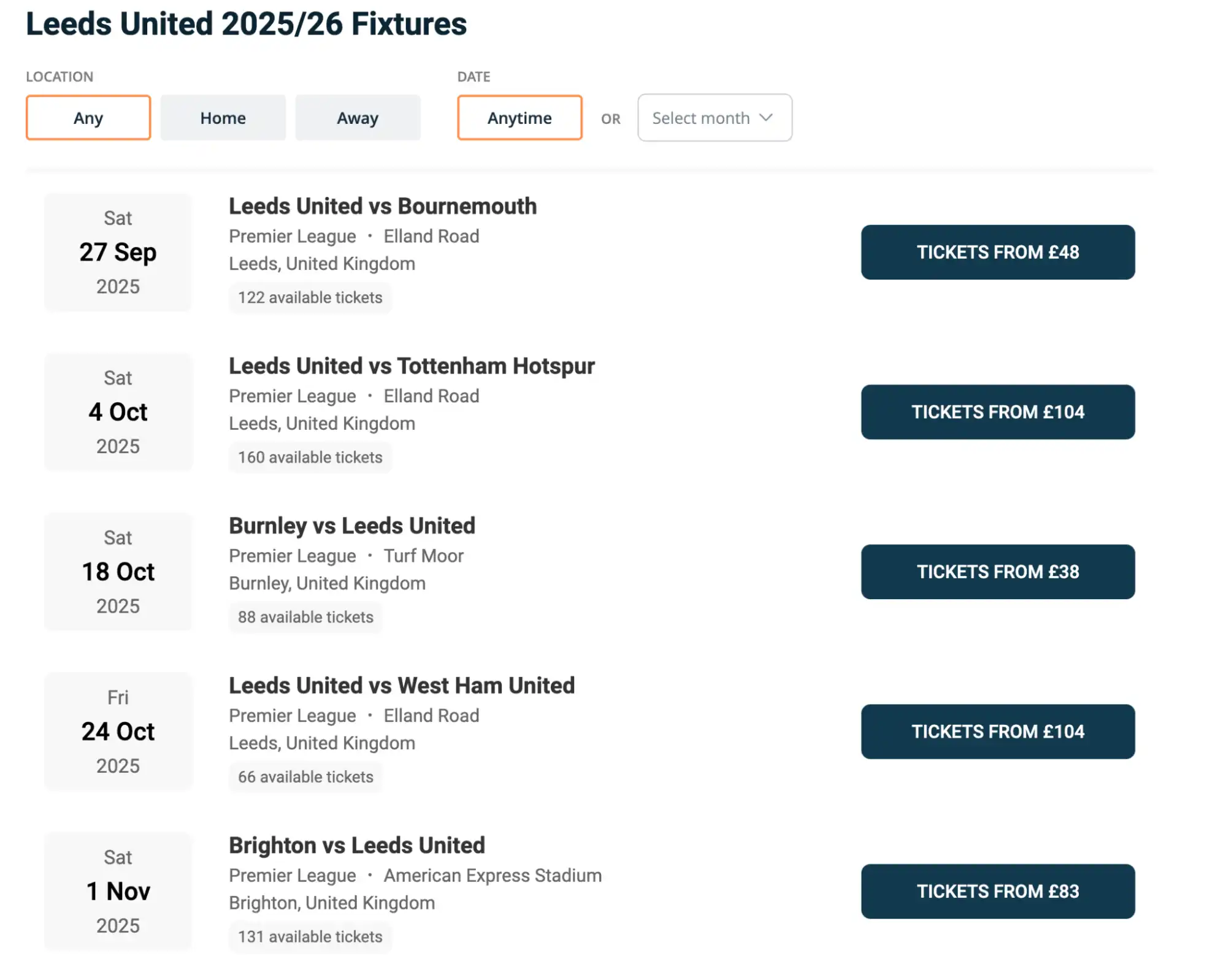 screenshot of Leeds United fixtures