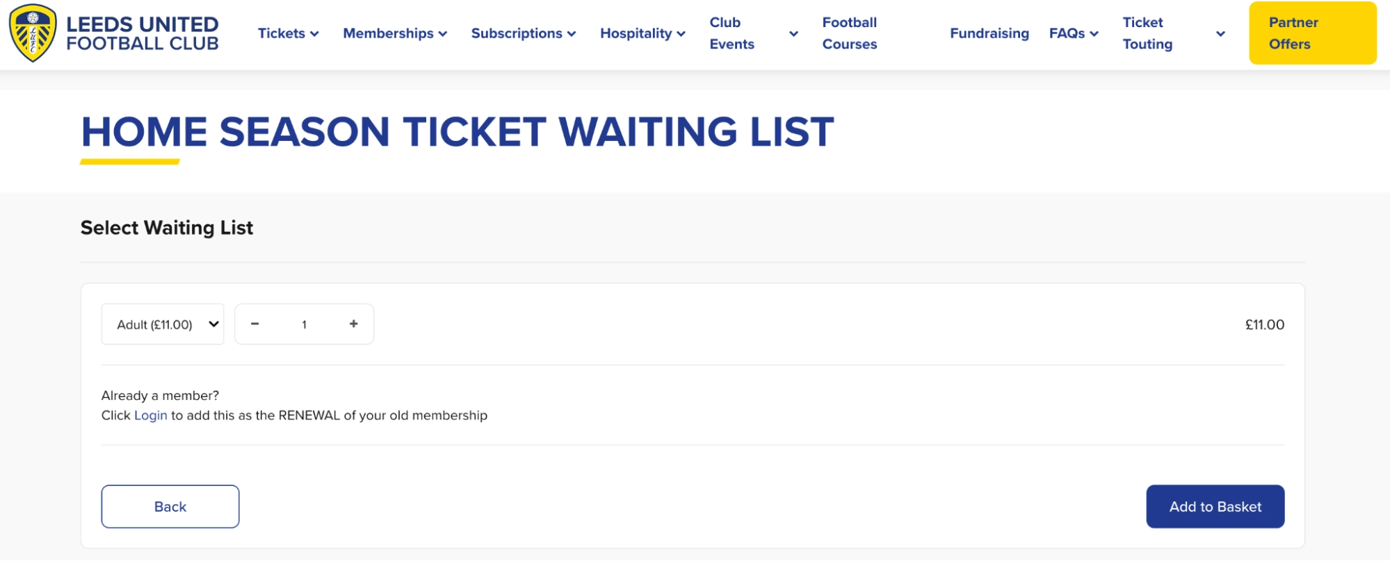 screenshot of Leeds United Ticket Waiting List