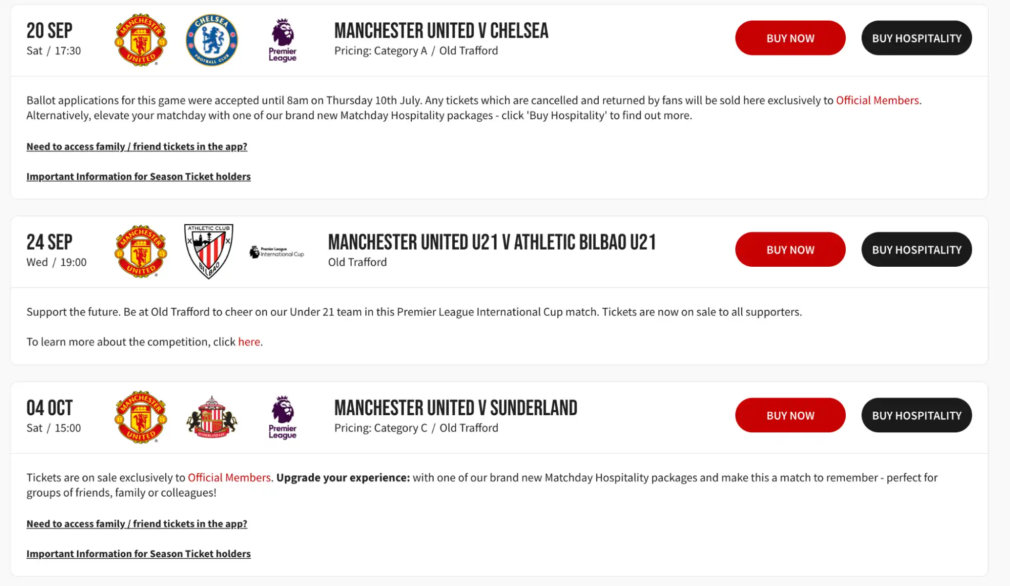 screenshot of Manchester United fixtures on Manchester's website