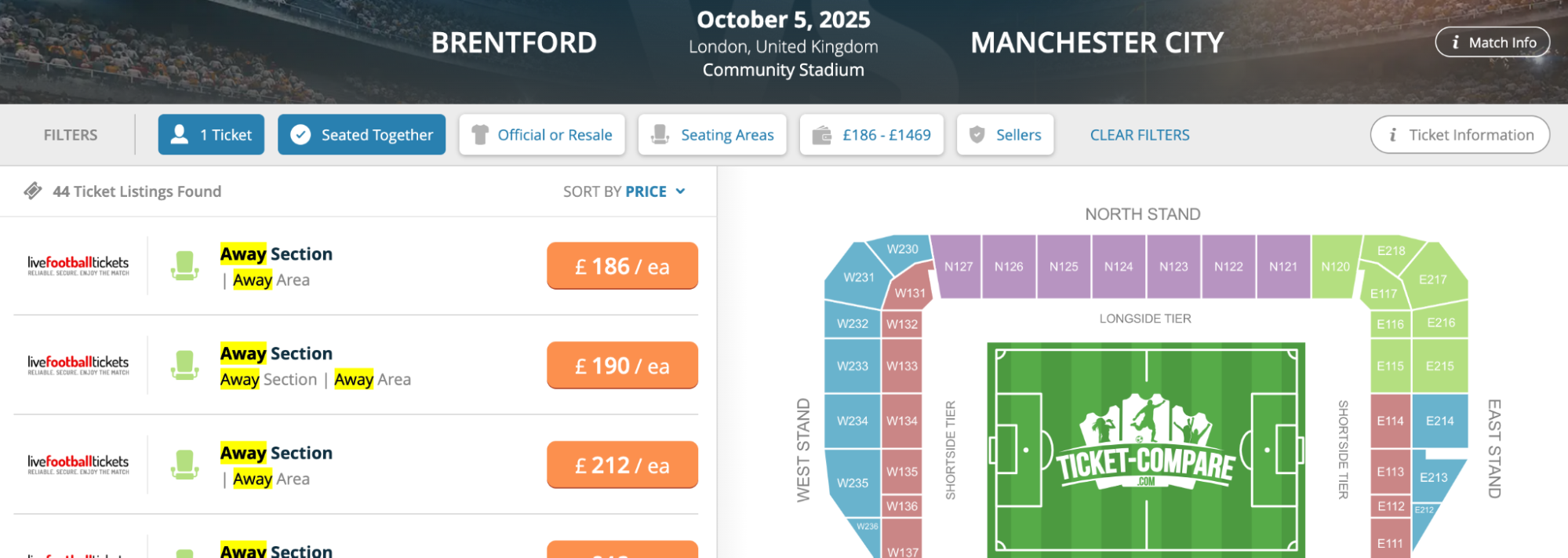 screenshot of Manchester City v Brentford Match Away sections highlighted