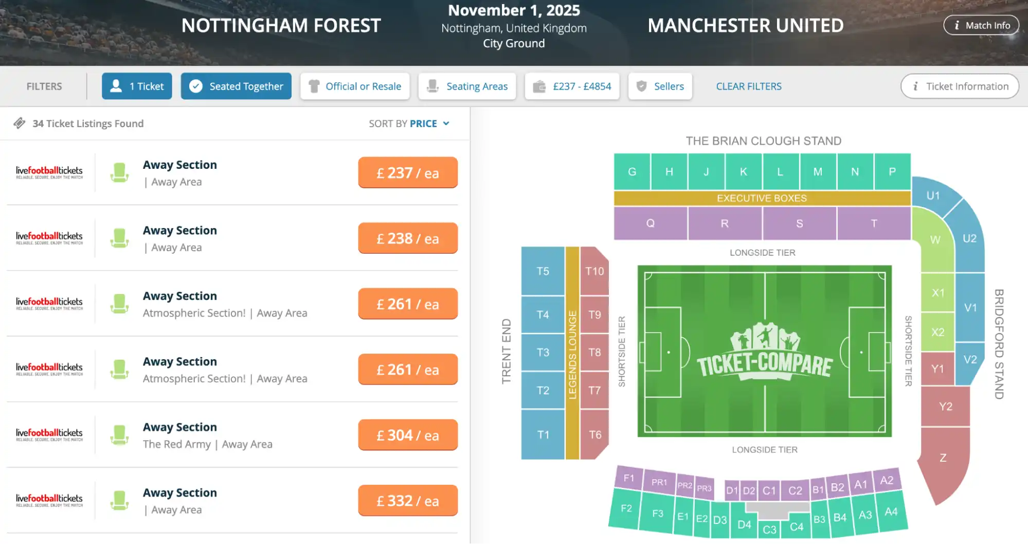 screenshot of Manchester United Away tickets list
