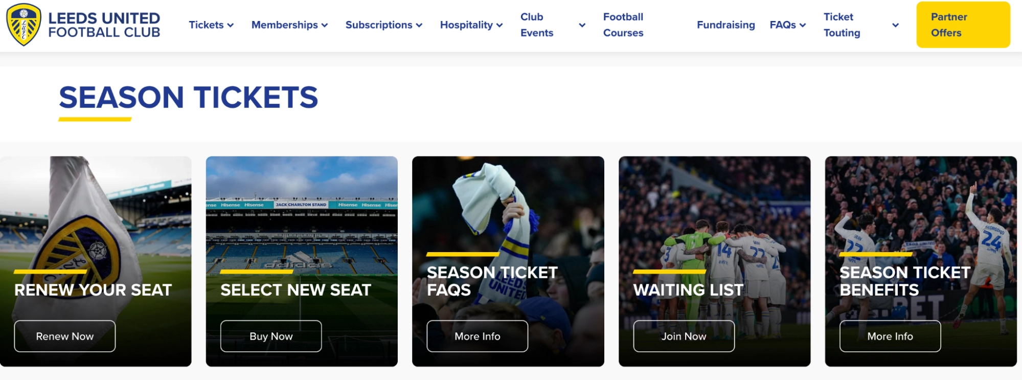 screenshot of Leeds 'Season Tickets' page