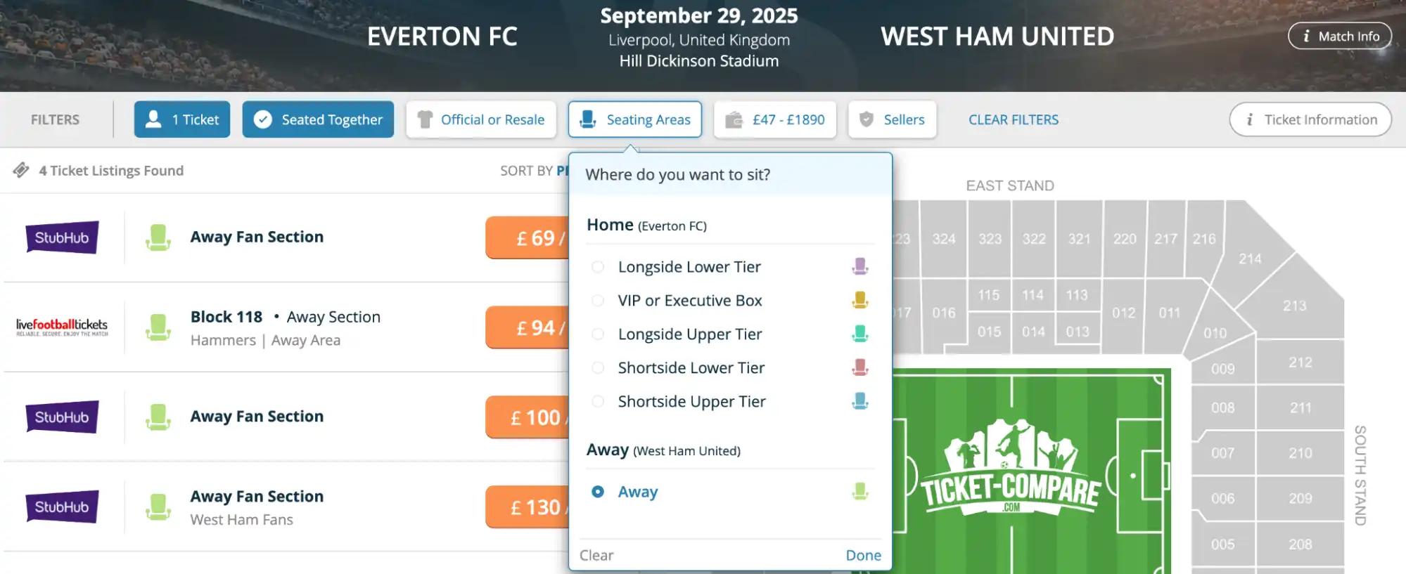 screenshot av 'Seating Areas'-meny på Everton v West Ham United