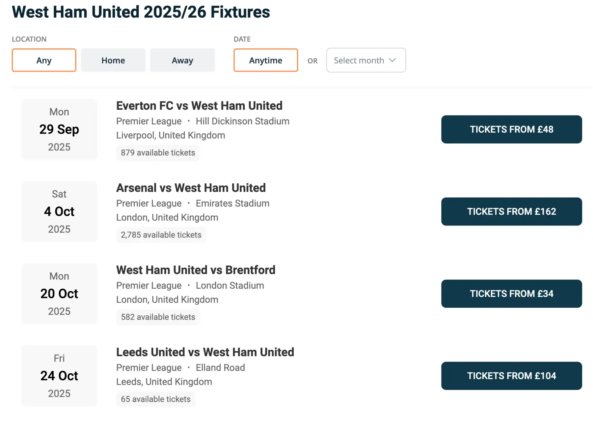 screenshot av West Ham United-fixtures