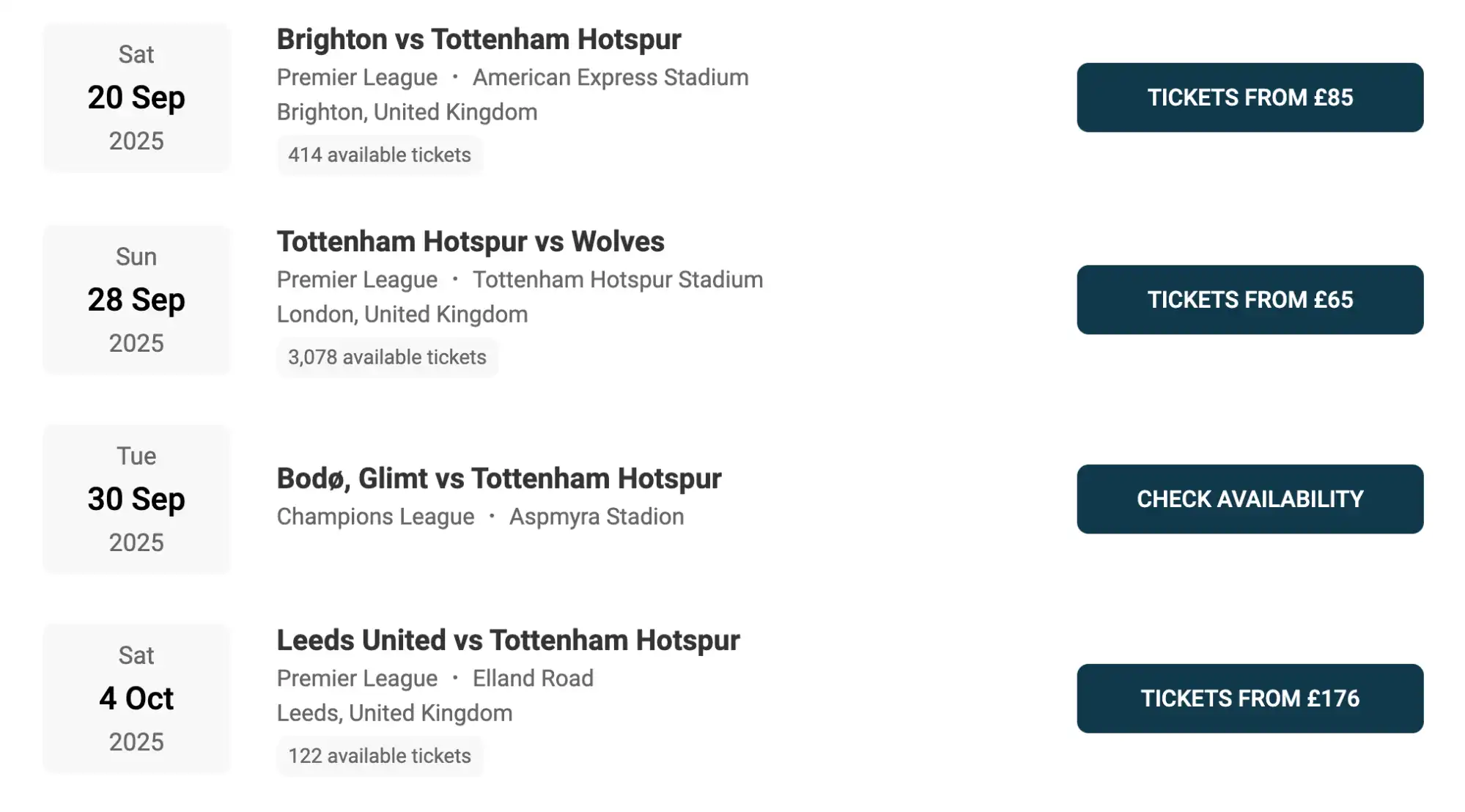 screenshot av Tottenham Hotspur fixtures
