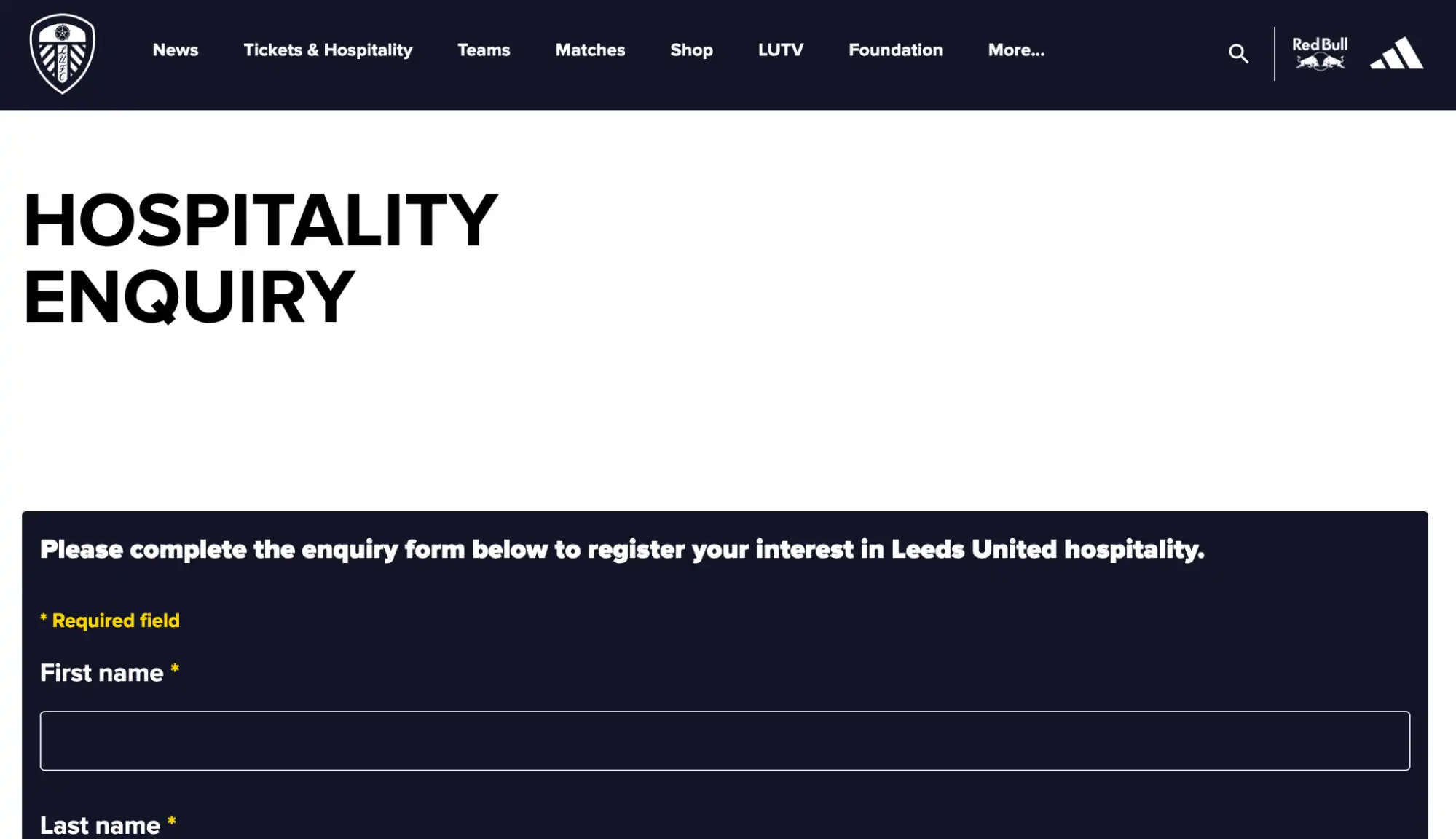 screenshot av Hospitality Enquiry sida