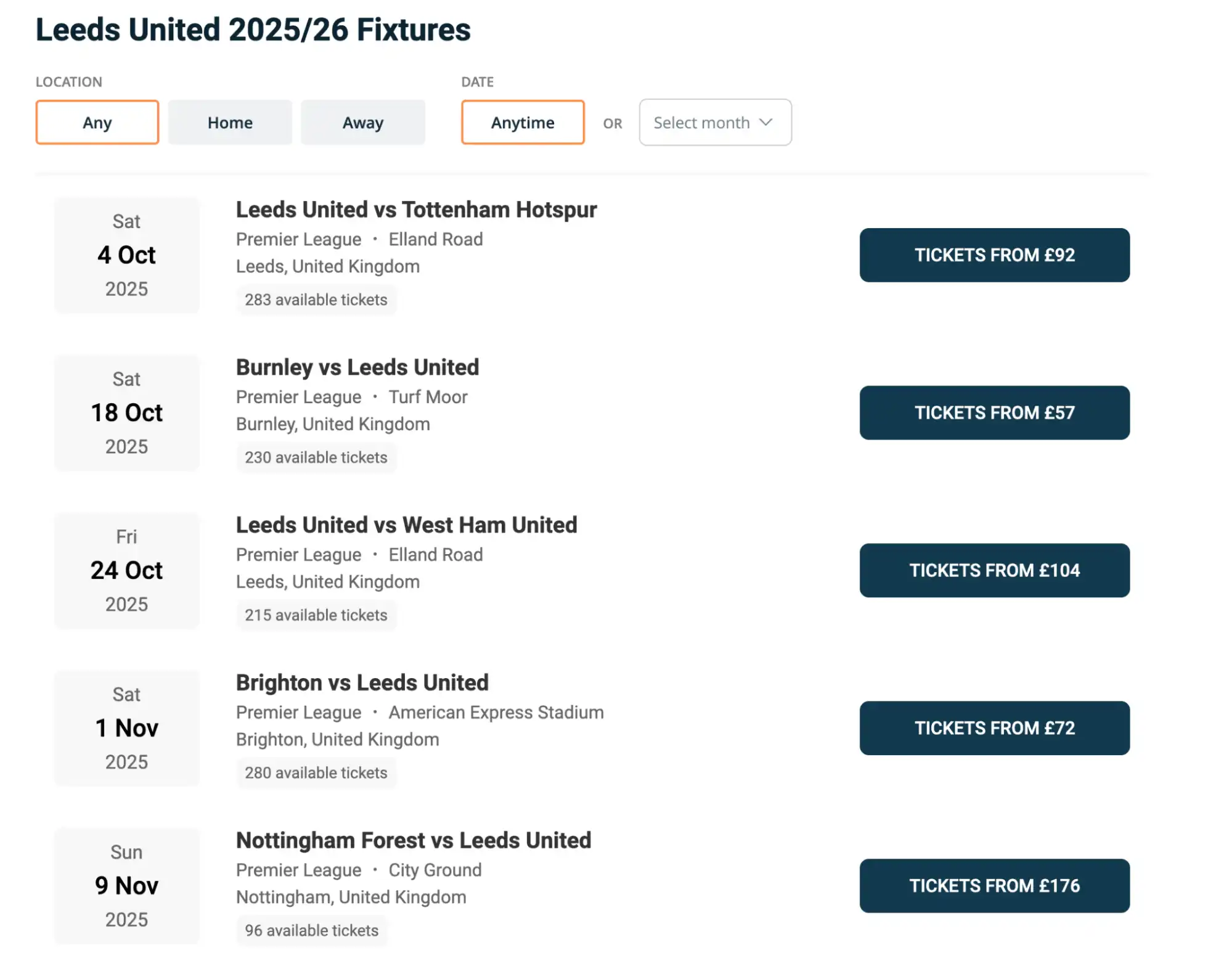 screenshot Leeds United fixtures