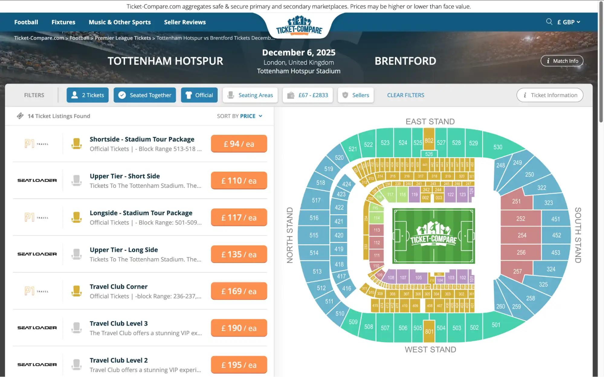 screenshot of Tottenham Hotspur vs Brentford tickets