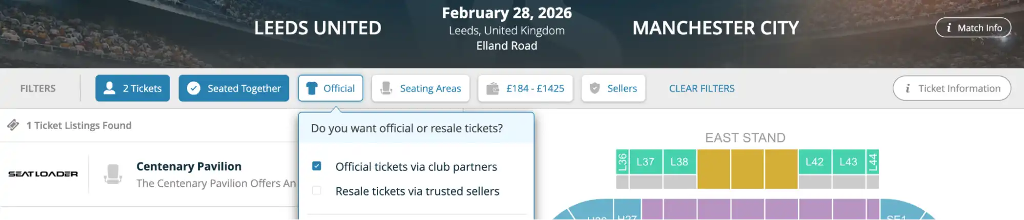 screenshot of 'Official or Resale tickets' option