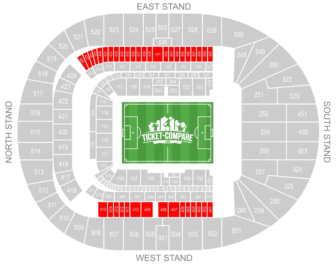 Skärmbild Tottenham Hotspur Stadium seating plan med East och West Stand markerat