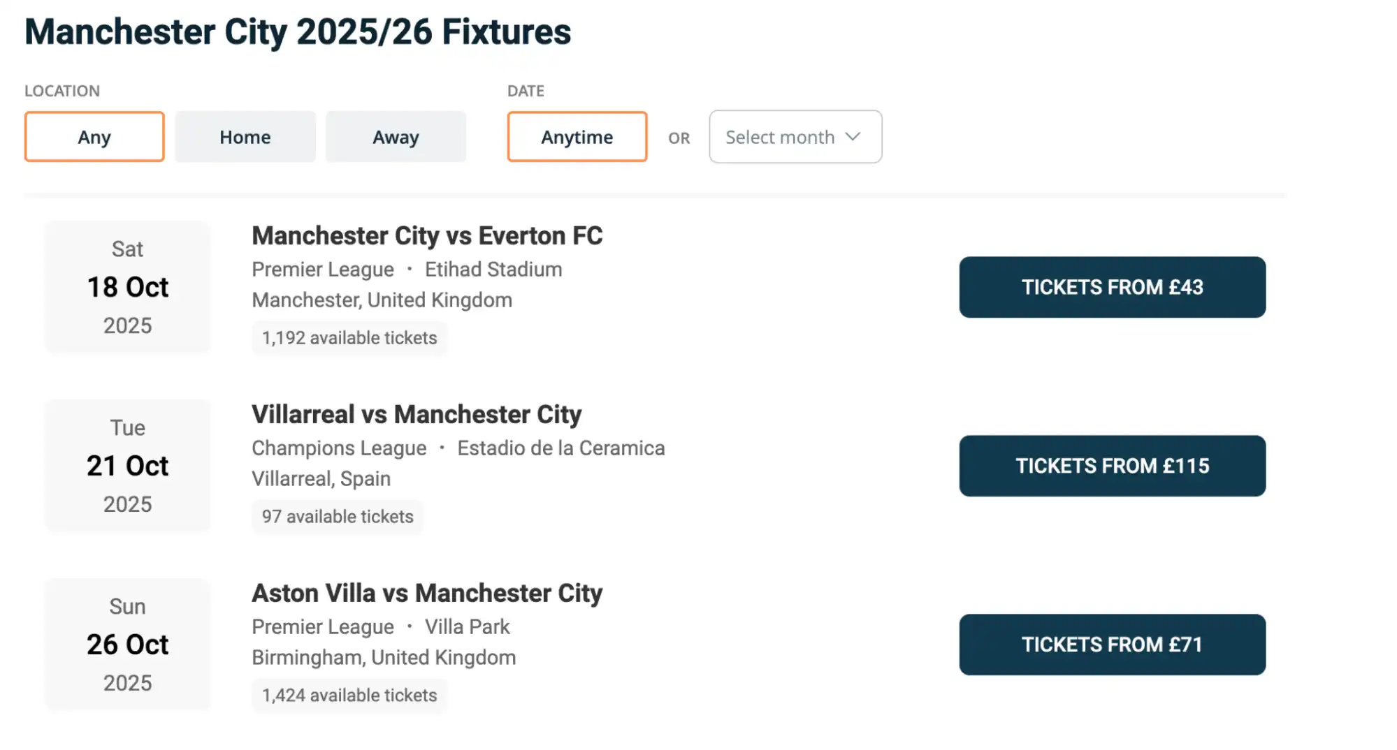 Manchester City Fixtures selection
