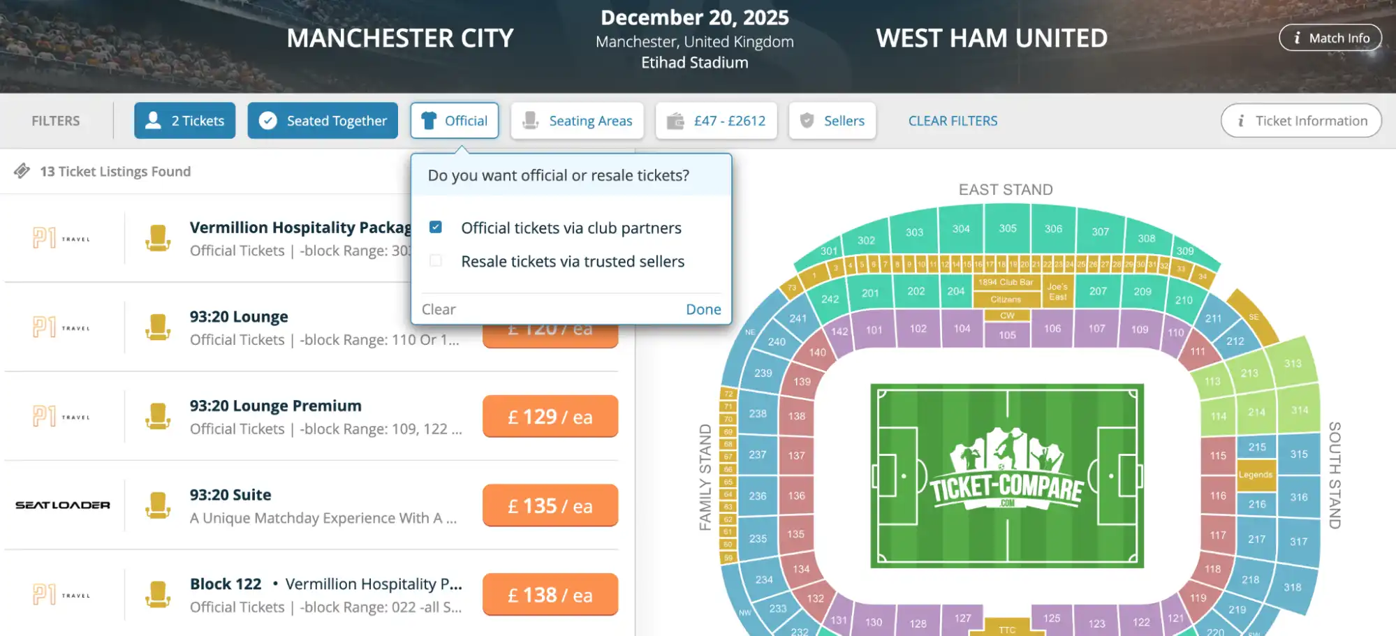 screenshot of 'Official or Resale tickets' option
