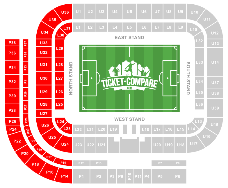 Screenshot of Stadium of Light seating plan with the North Stand highlighted