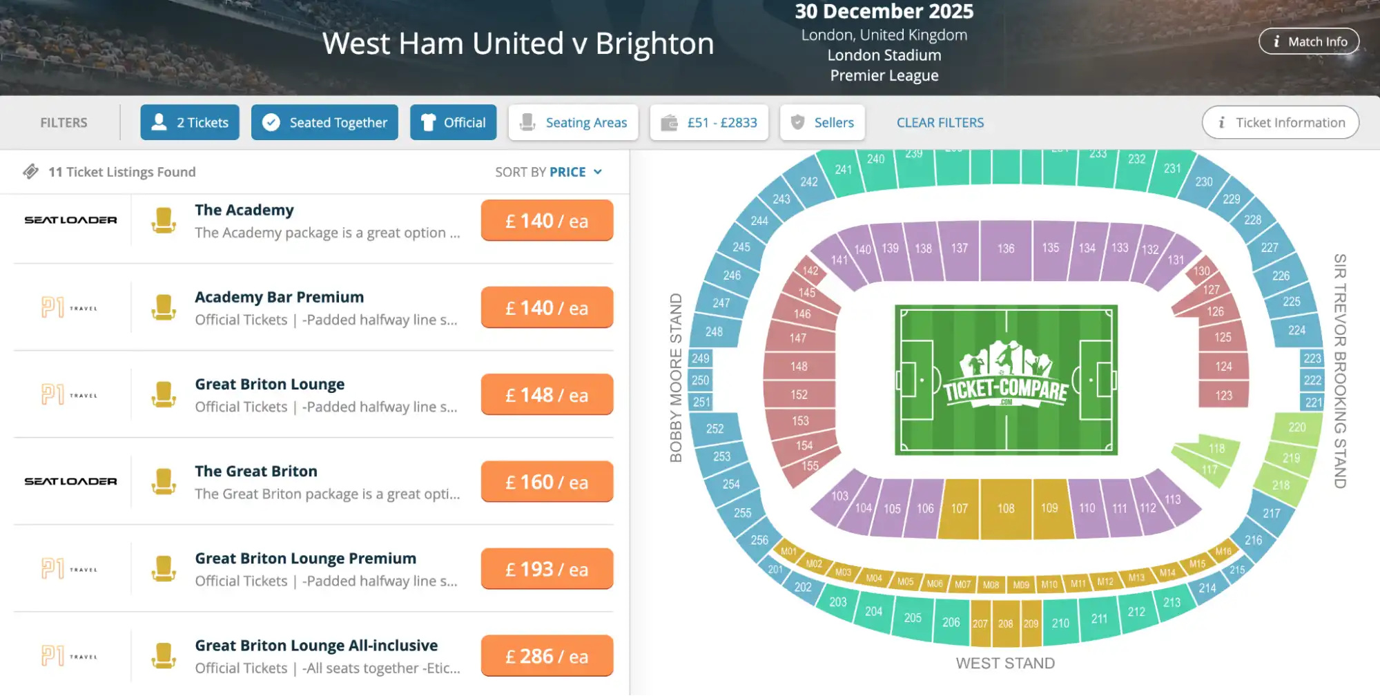 West Ham United v Brighton Match Tickets
