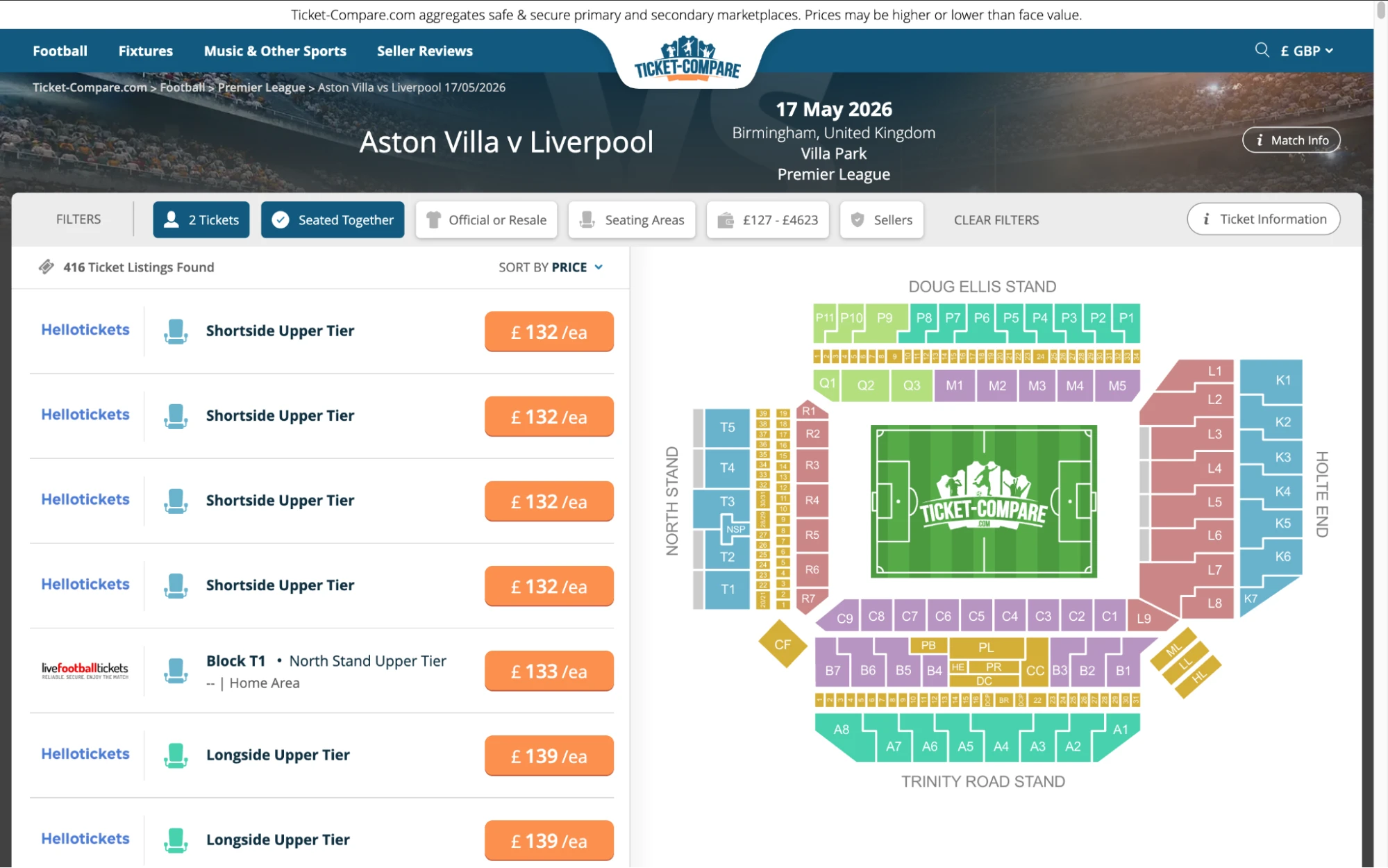 Screenshot of Aston Villa v Liverpool tickets page