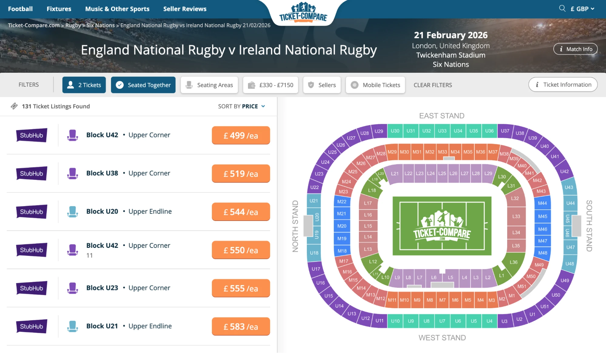 Screenshot of England National Rugby v Ireland National Rugby tickets page