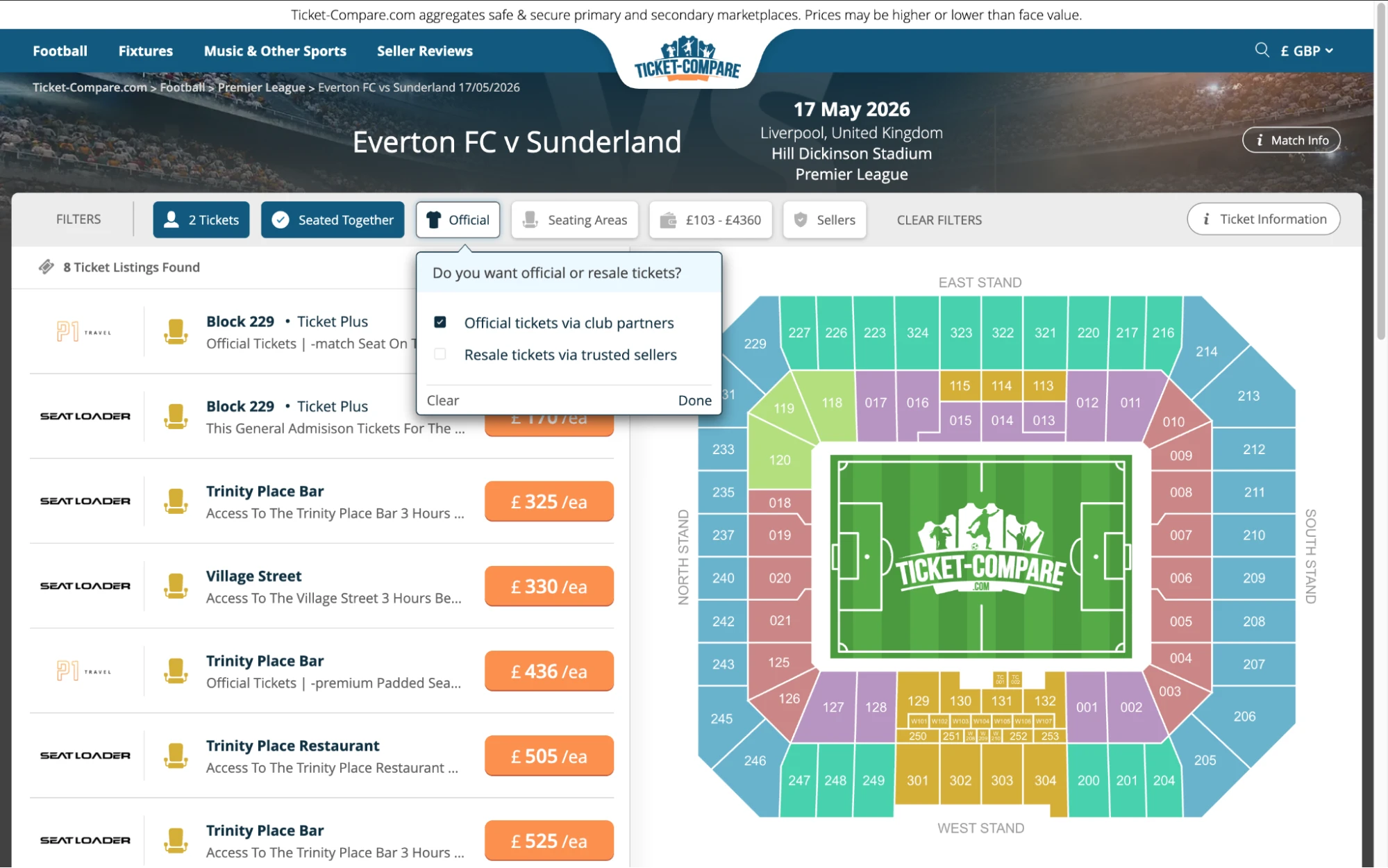 Screenshot of Everton v Sunderland tickets page