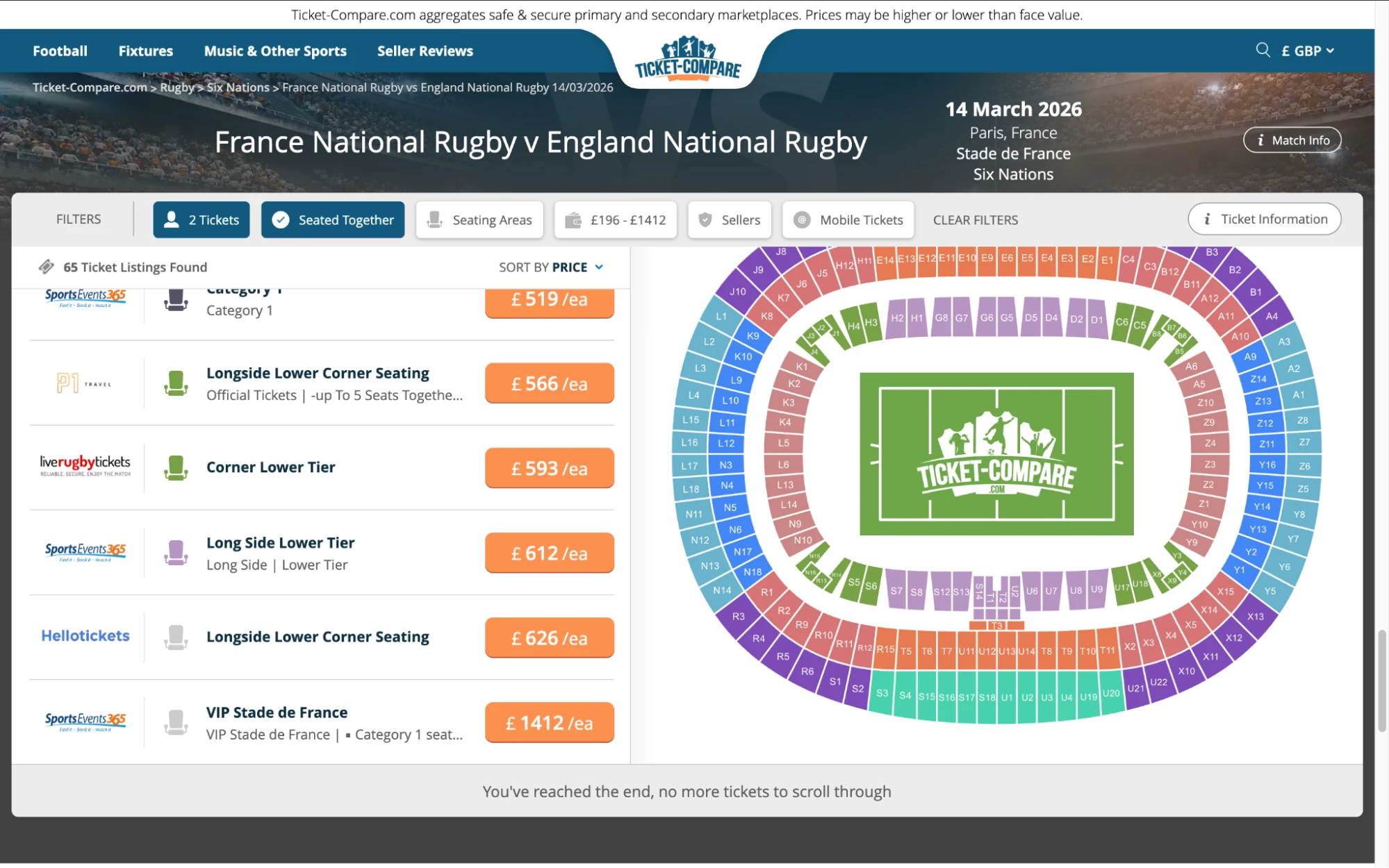 Screenshot of France National Rugby v England National Rugby tickets page