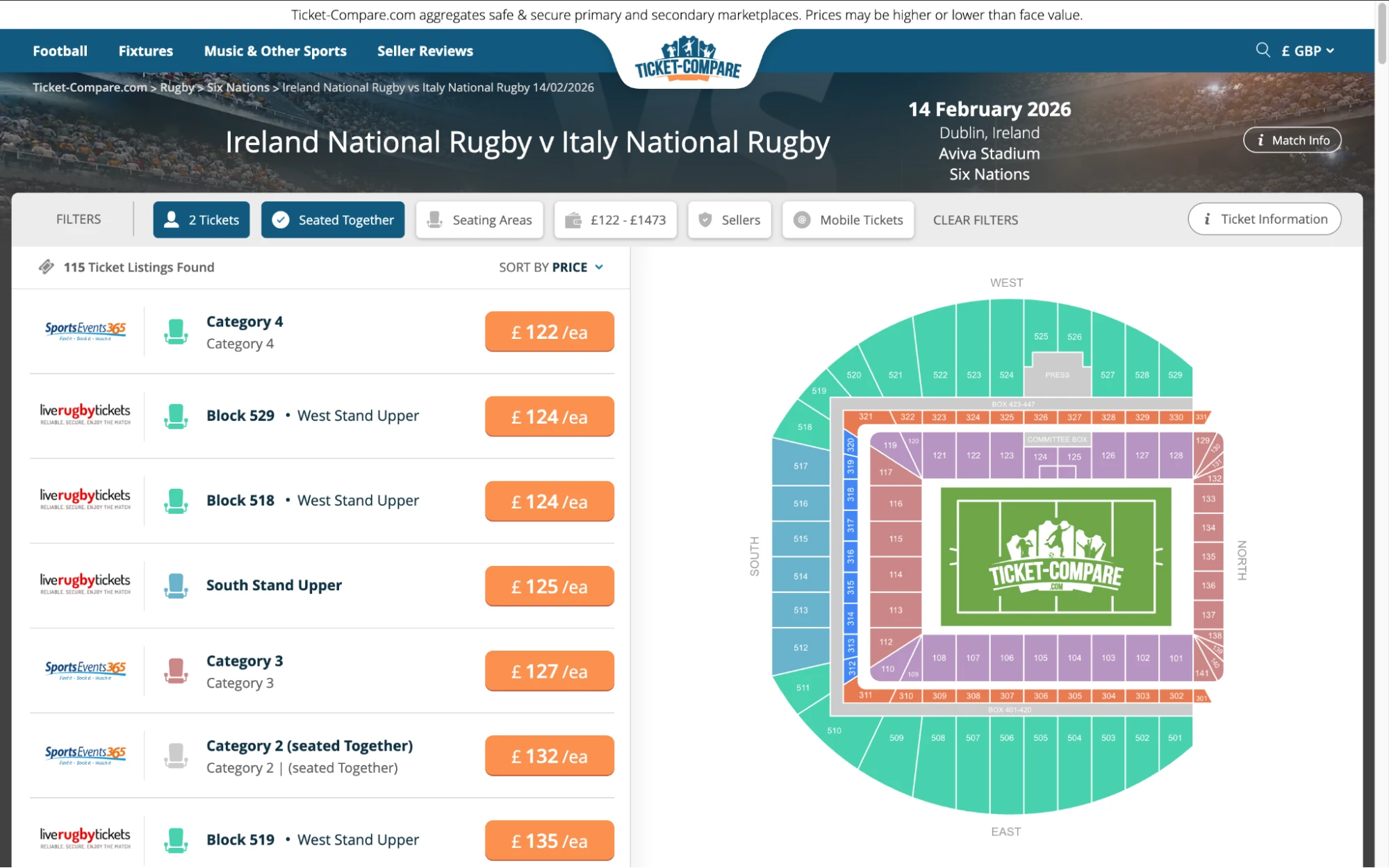 Skärmdump Irland–Italien Rugby biljett