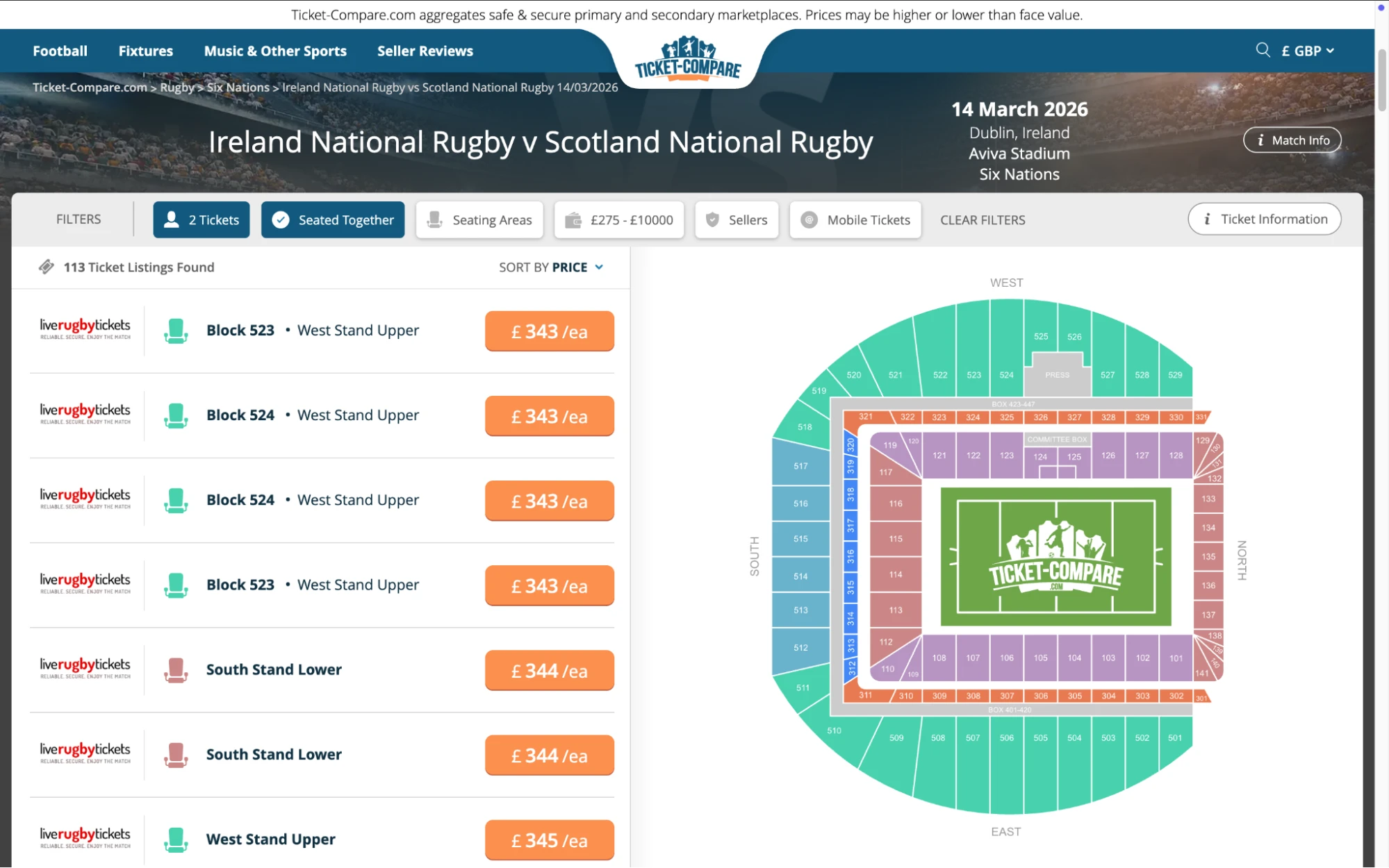 Screenshot of Ireland National Rugby v Scotland National Rugby tickets page on Ticket-Compare.com
