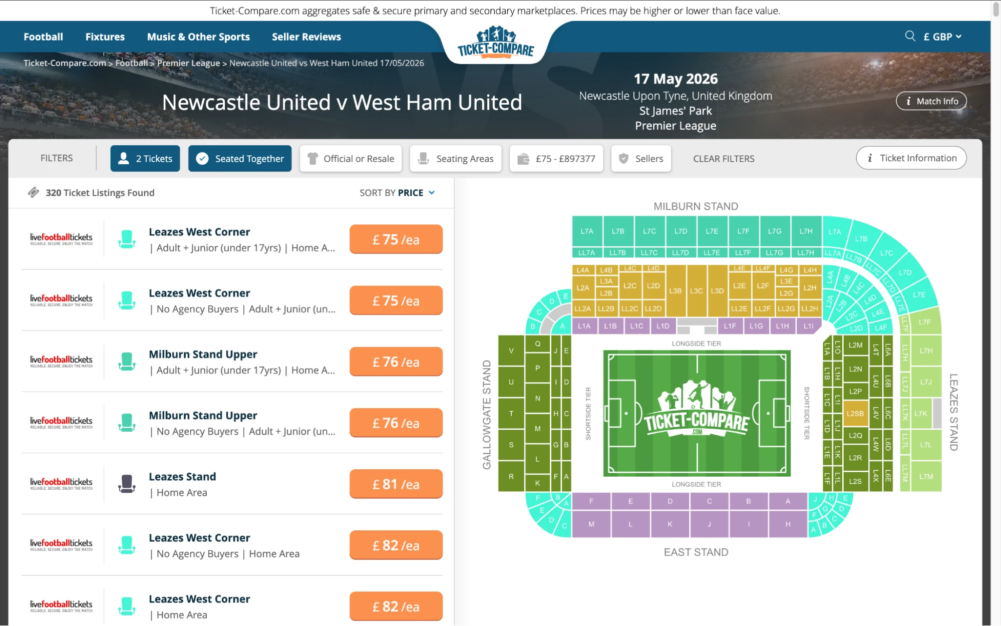 Screenshot of Newcastle United v West Ham tickets page