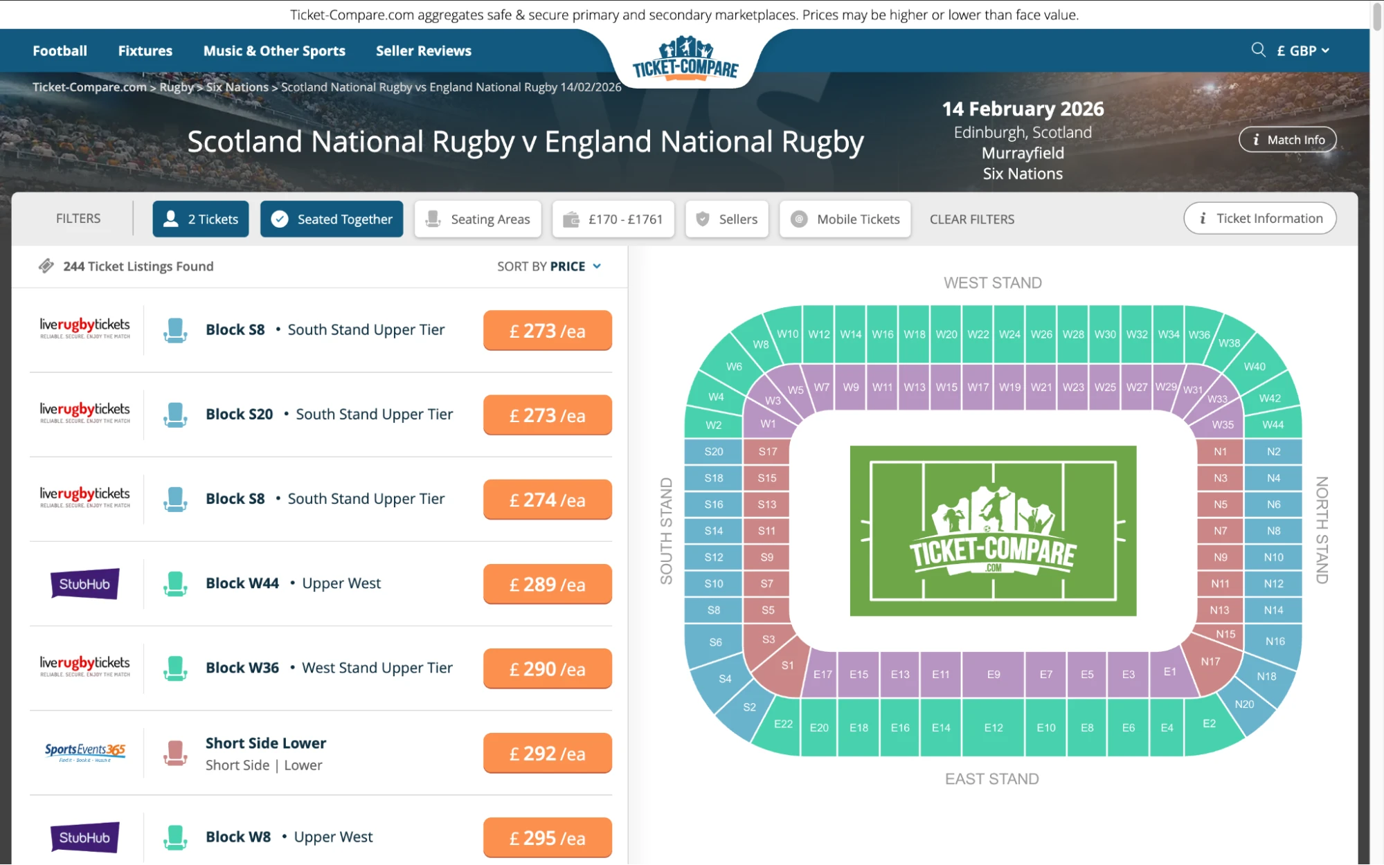 Screenshot of Scotland National Rugby v England National Rugby tickets