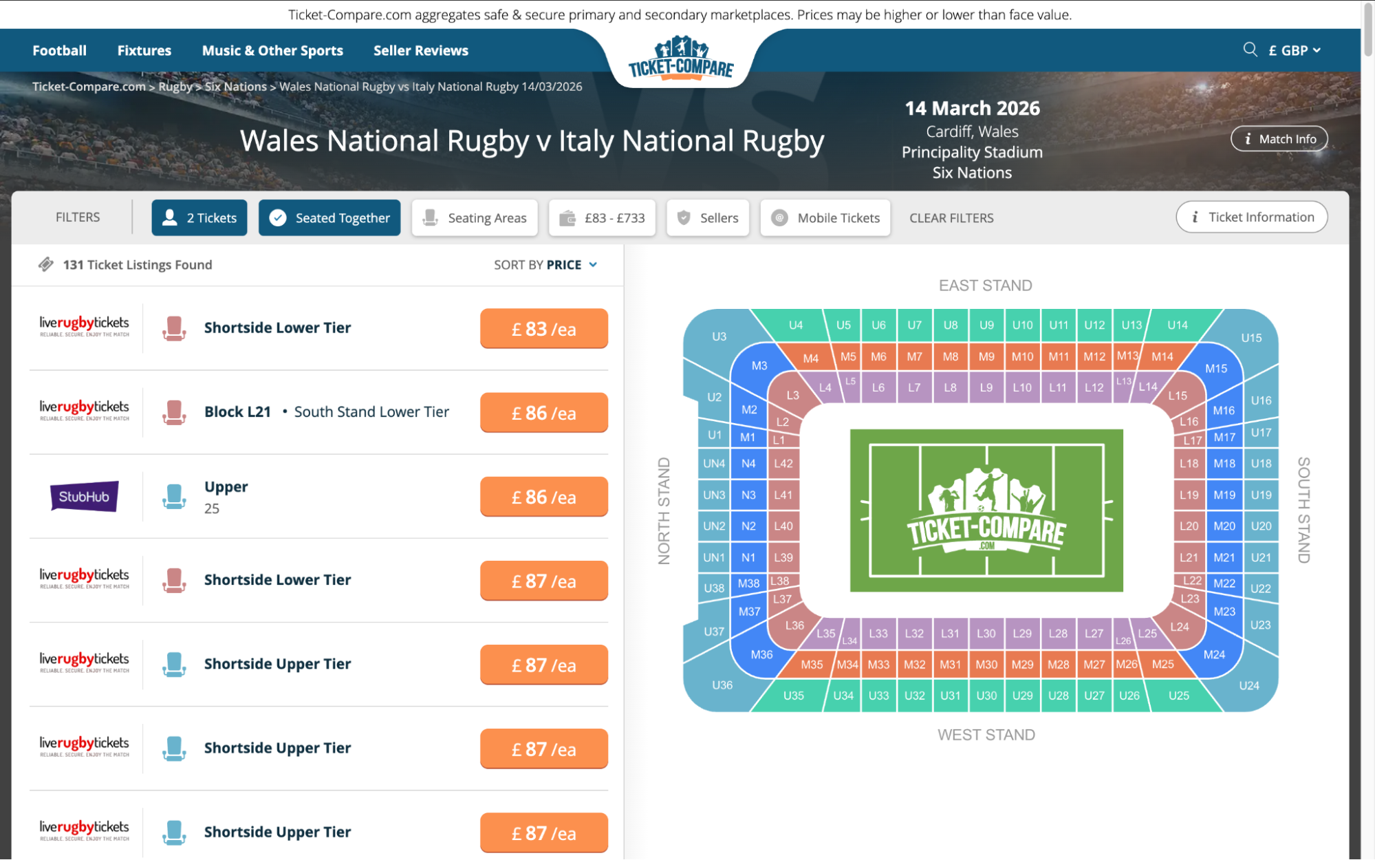 Screenshot of Wales National Rugby v Italy National Rugby tickets page on Ticket-Compare.com