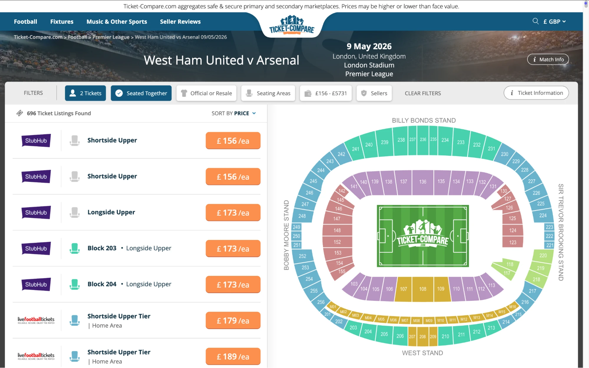 Screenshot of West Ham United v Arsenal tickets page on Ticket-Compare.com