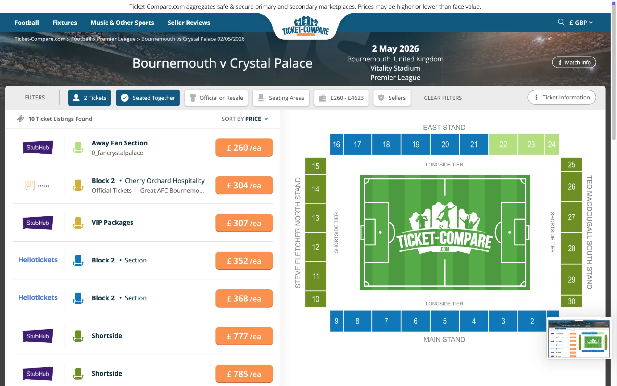 Screenshot of Bournemouth v Crystal Palace tickets page