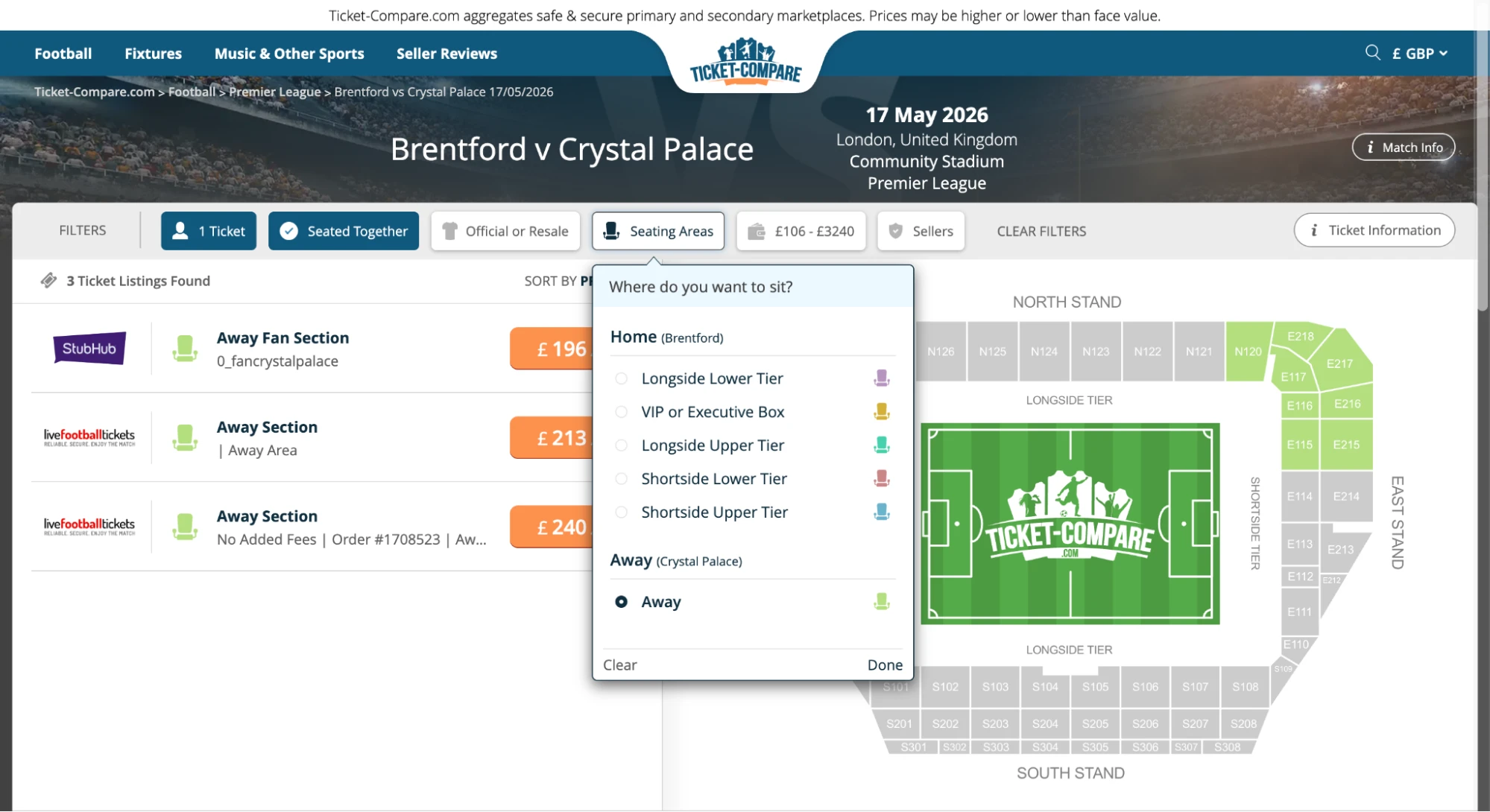Screenshot av sittplatsområden på Brentford v Crystal Palacebiljetter