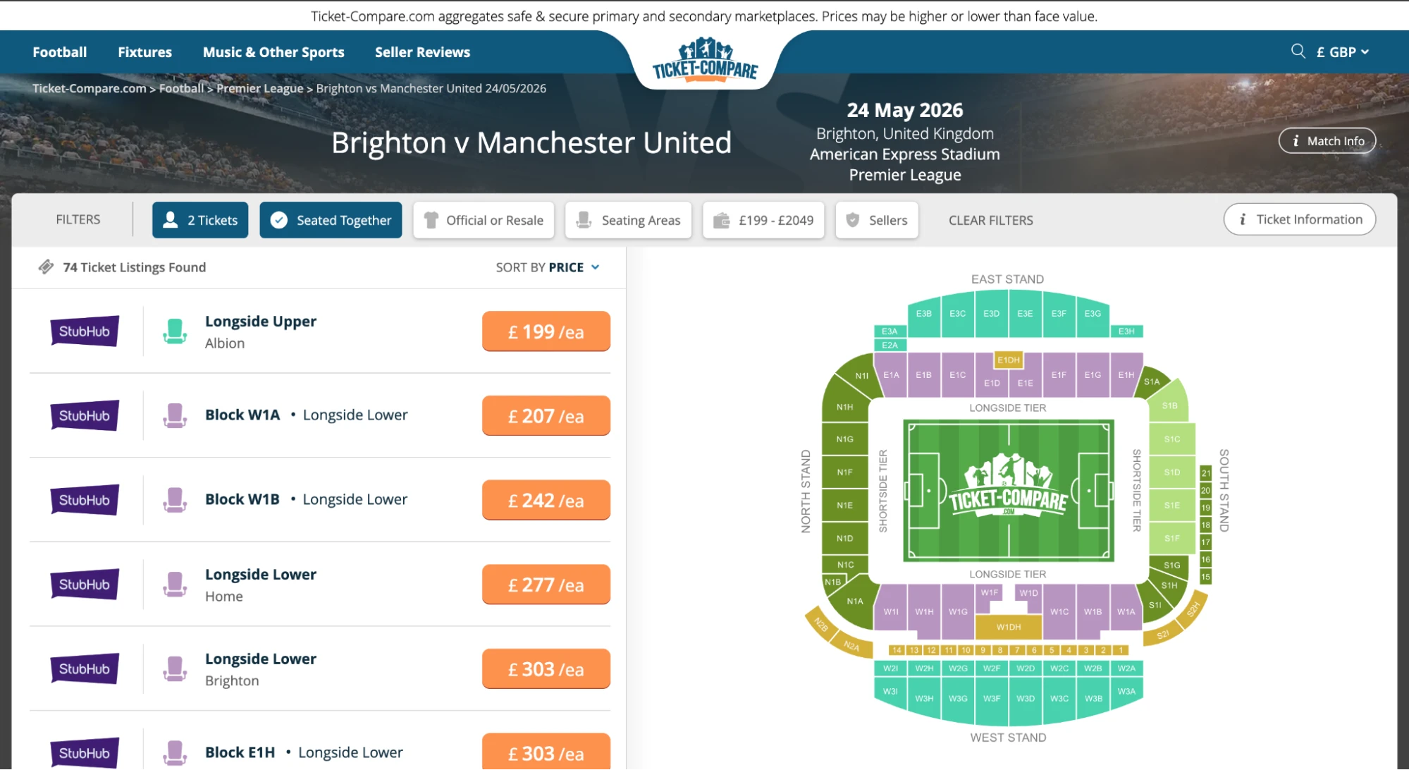 Skärmdump Brighton v Manchester United biljettsida, Ticket Compare
