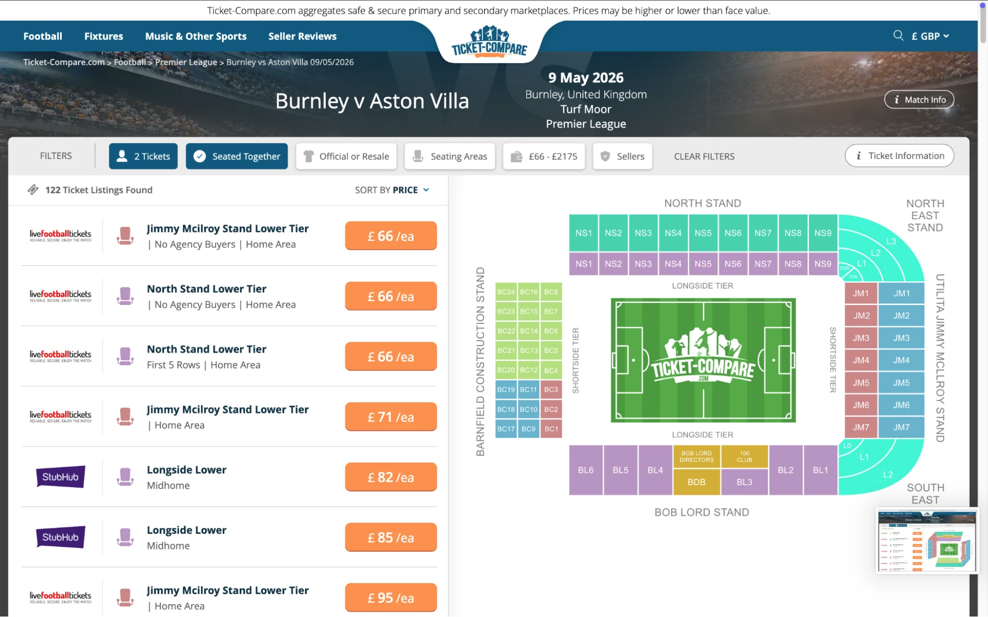 Screenshot of Burnley v Aston Villa tickets page on Ticket-Compare.com