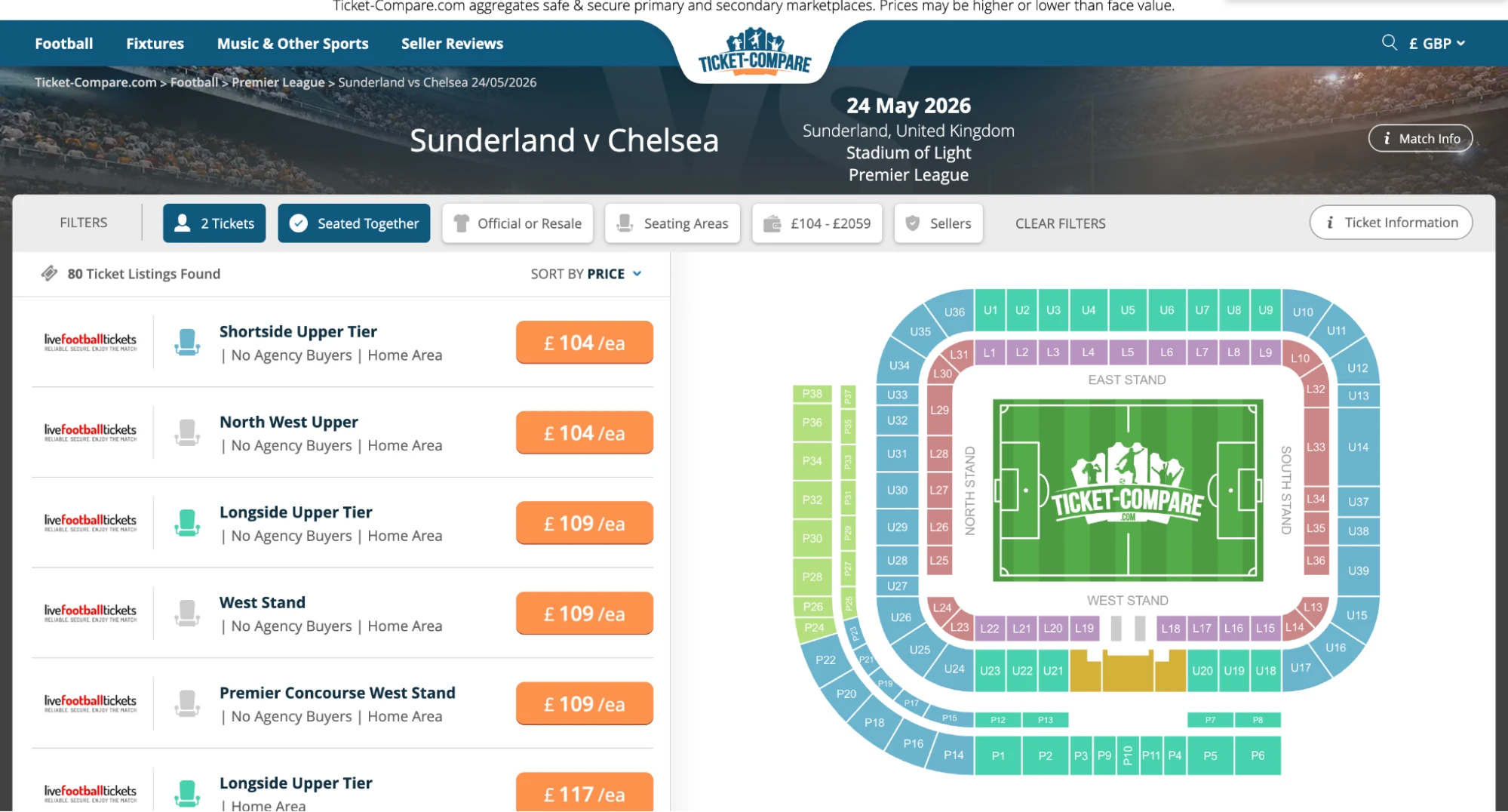 Screenshot of Sunderland v Chelsea tickets page