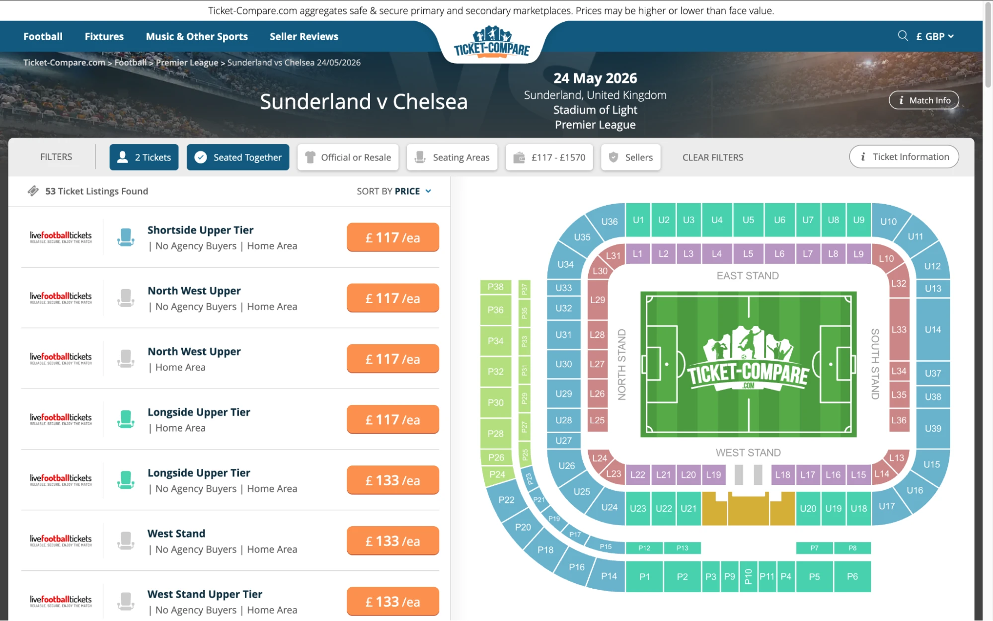 Screenshot of Sunderland v Chelsea tickets page
