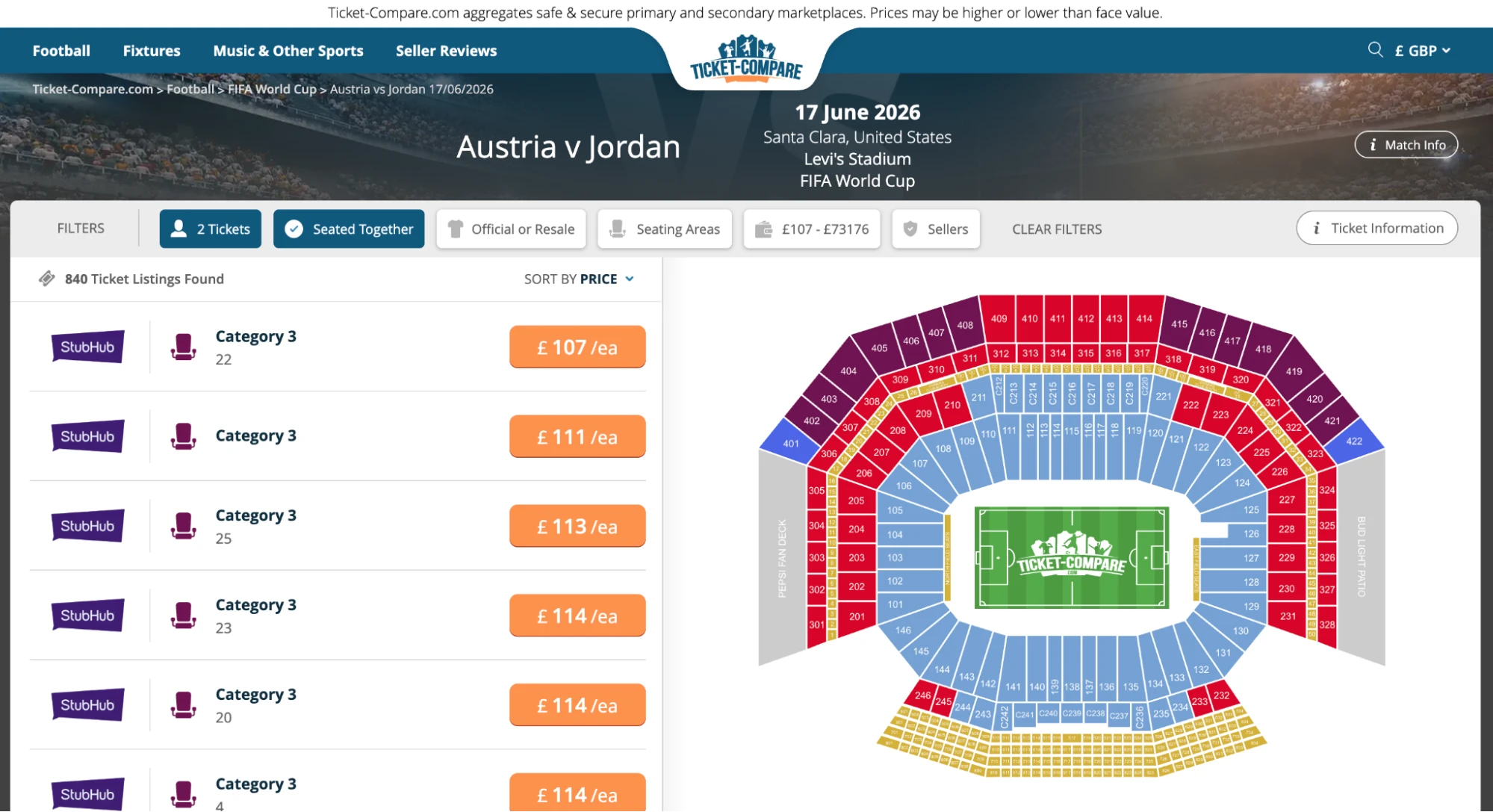 Screenshot of Austria v Jordan tickets page